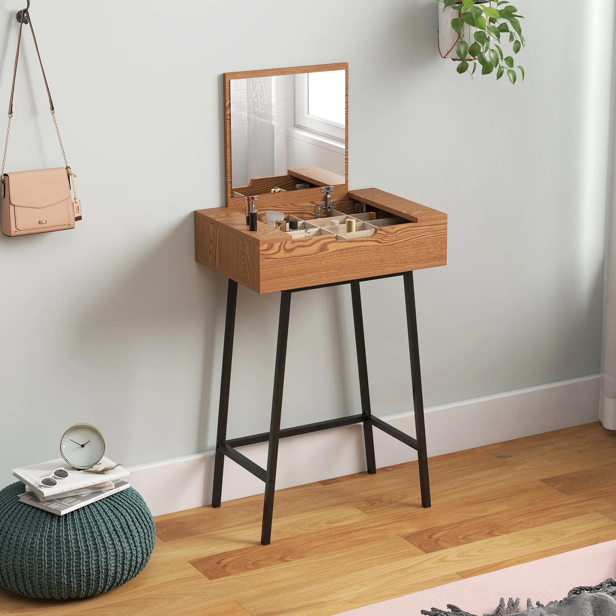 Industrial Style Vanity Table with Folding Mirror and 16 Compartments, Wood and Steel, 60x40x90 cm - Image 2