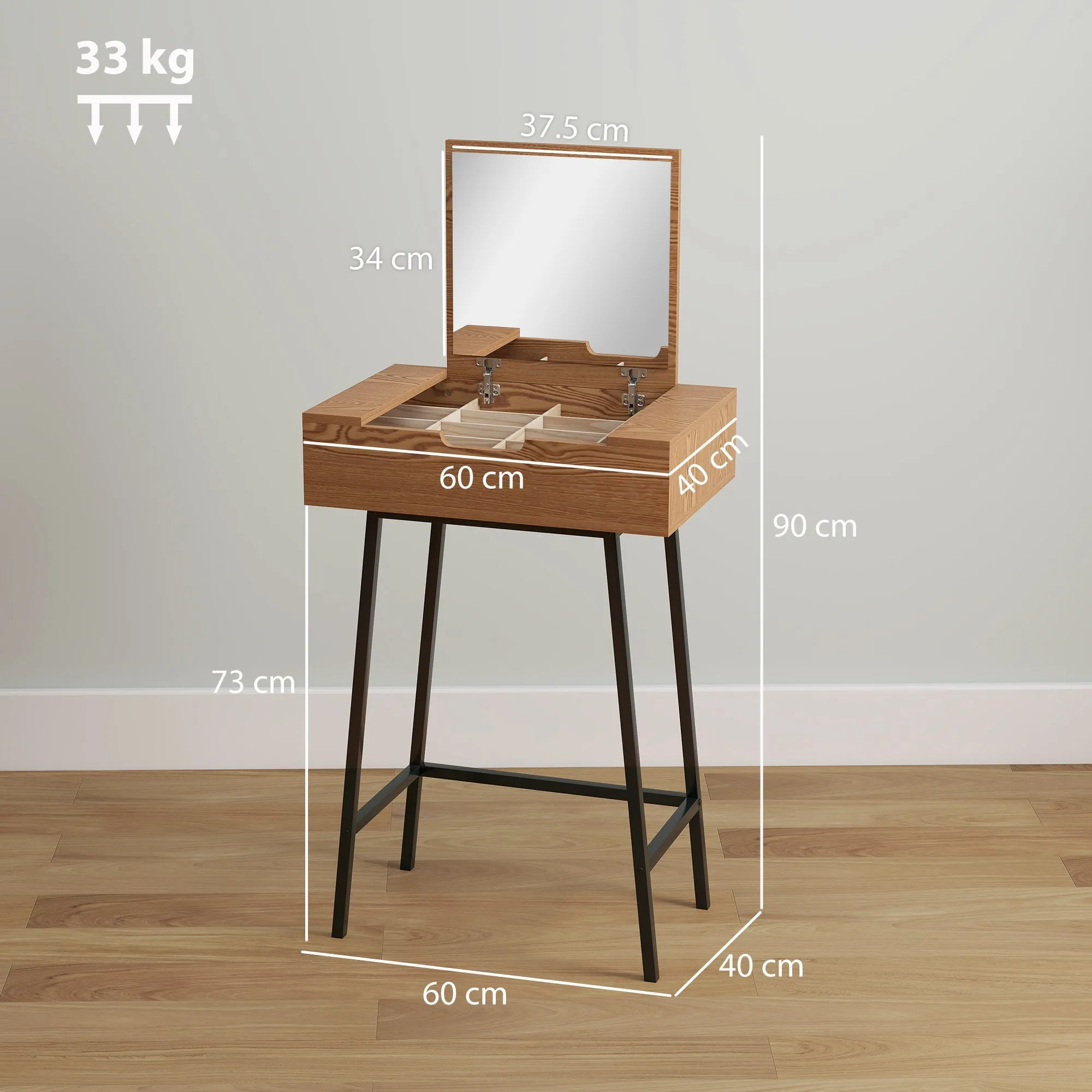 Industrial Style Vanity Table with Folding Mirror and 16 Compartments, Wood and Steel, 60x40x90 cm - Image 3