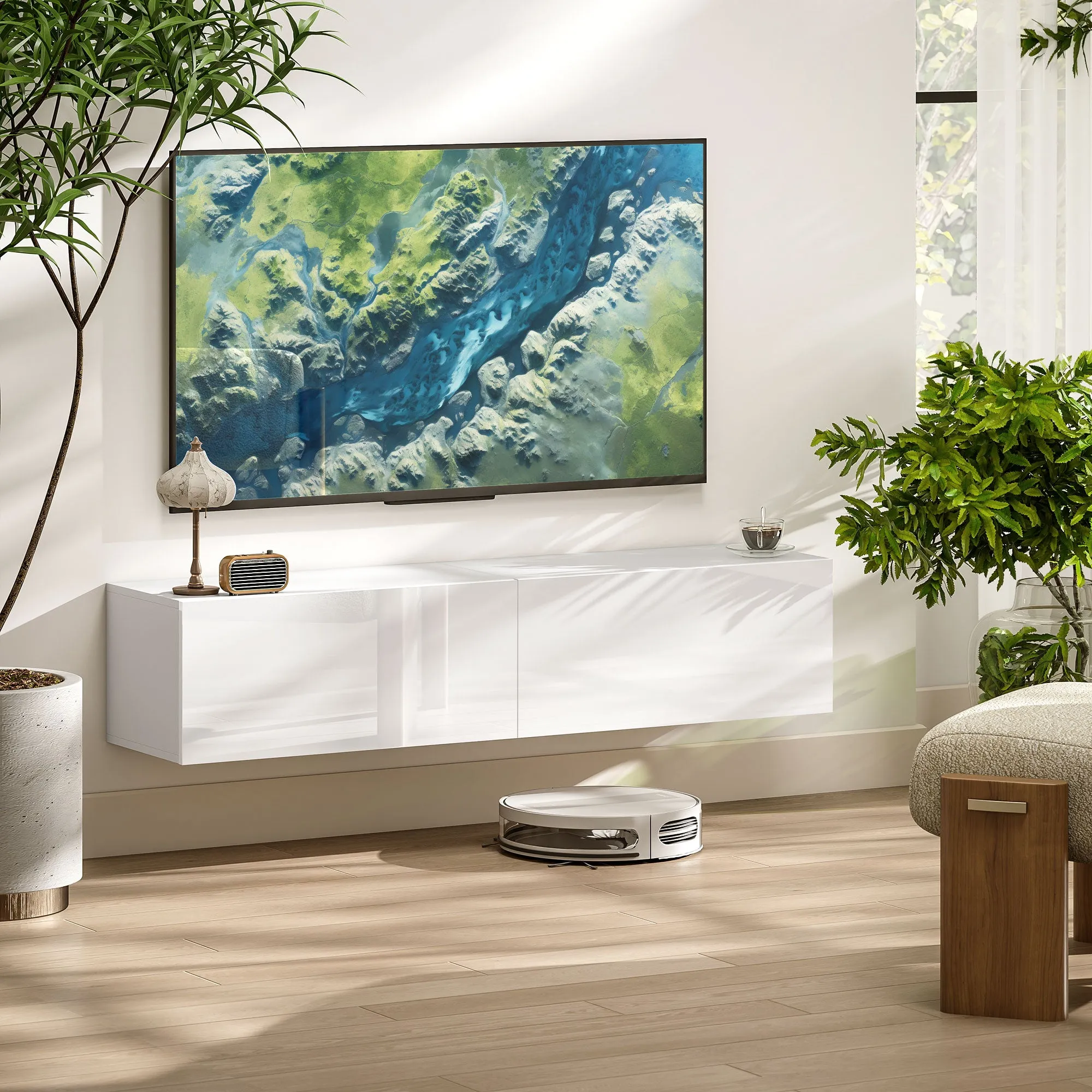 Wall Mounted TV Cabinet for 45"-55"-65" TVs with 2 Cabinets and Drop-Door, 140x33x29.8 cm, White - Image 2