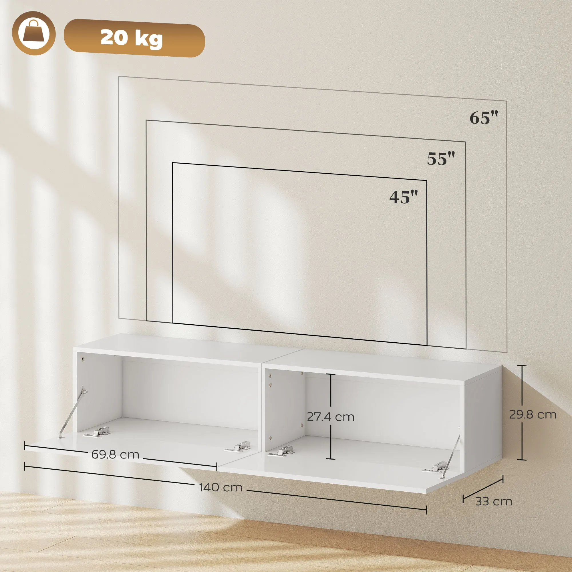 Wall Mounted TV Cabinet for 45"-55"-65" TVs with 2 Cabinets and Drop-Door, 140x33x29.8 cm, White - Image 3