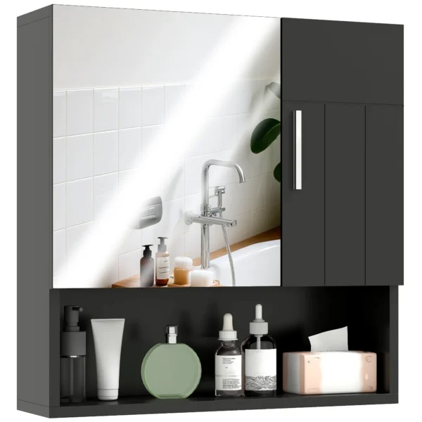 Wooden Bathroom Mirror Cabinet with Adjustable Shelves and Open Shelf, 54x15.2x55.3 cm, Black