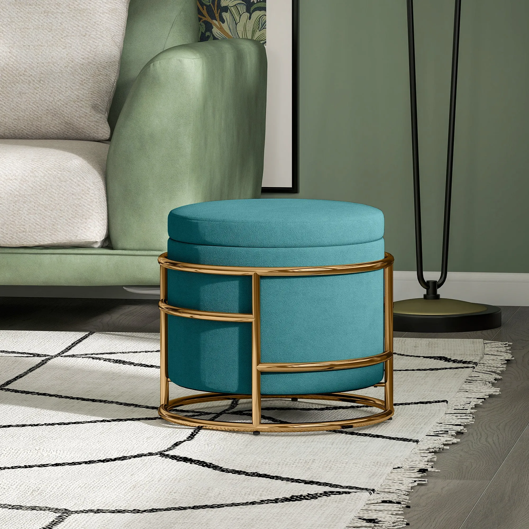 Round Velvet Storage Ottoman with 24L Compartment and Removable Lid, Ø42x39 cm, Green - Image 2