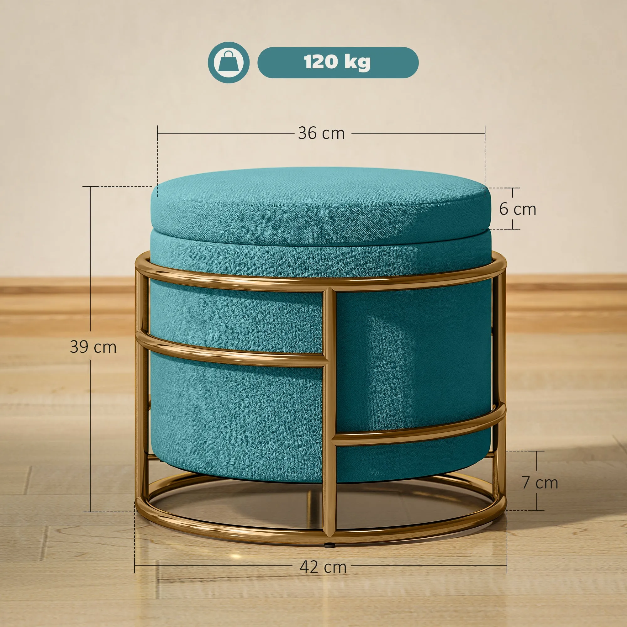 Round Velvet Storage Ottoman with 24L Compartment and Removable Lid, Ø42x39 cm, Green - Image 3