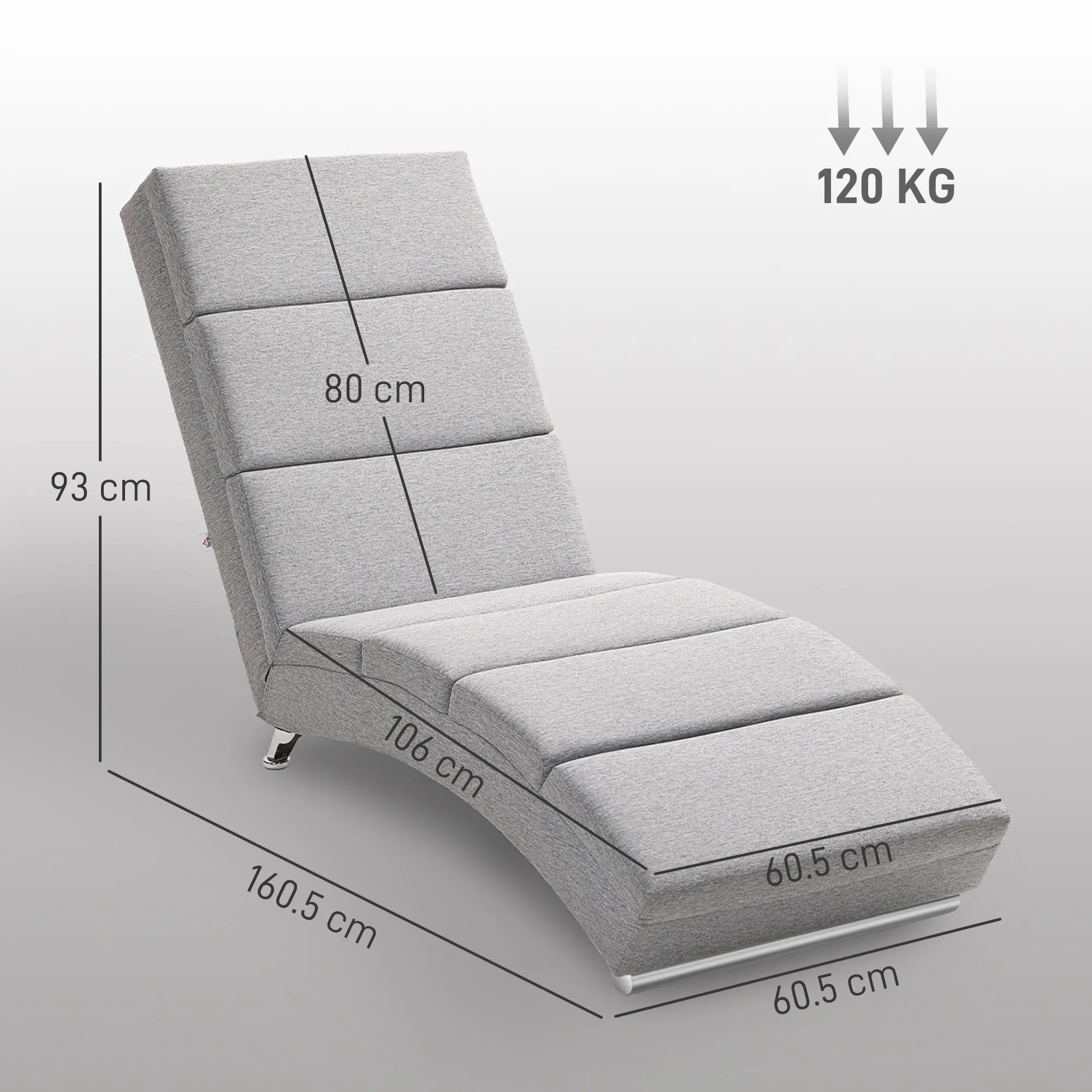 High Back Reclining Chaise Longue with Thick Padding and Metal Legs, Light Grey - Image 3