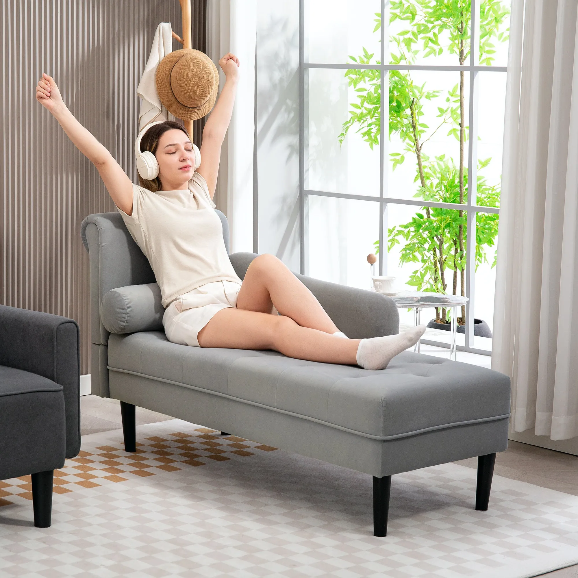Chaise Longue with Quilted Velvet Effect Covering in Grey, Solid Wood and Sponge, 146x61x82.5 cm - Image 2