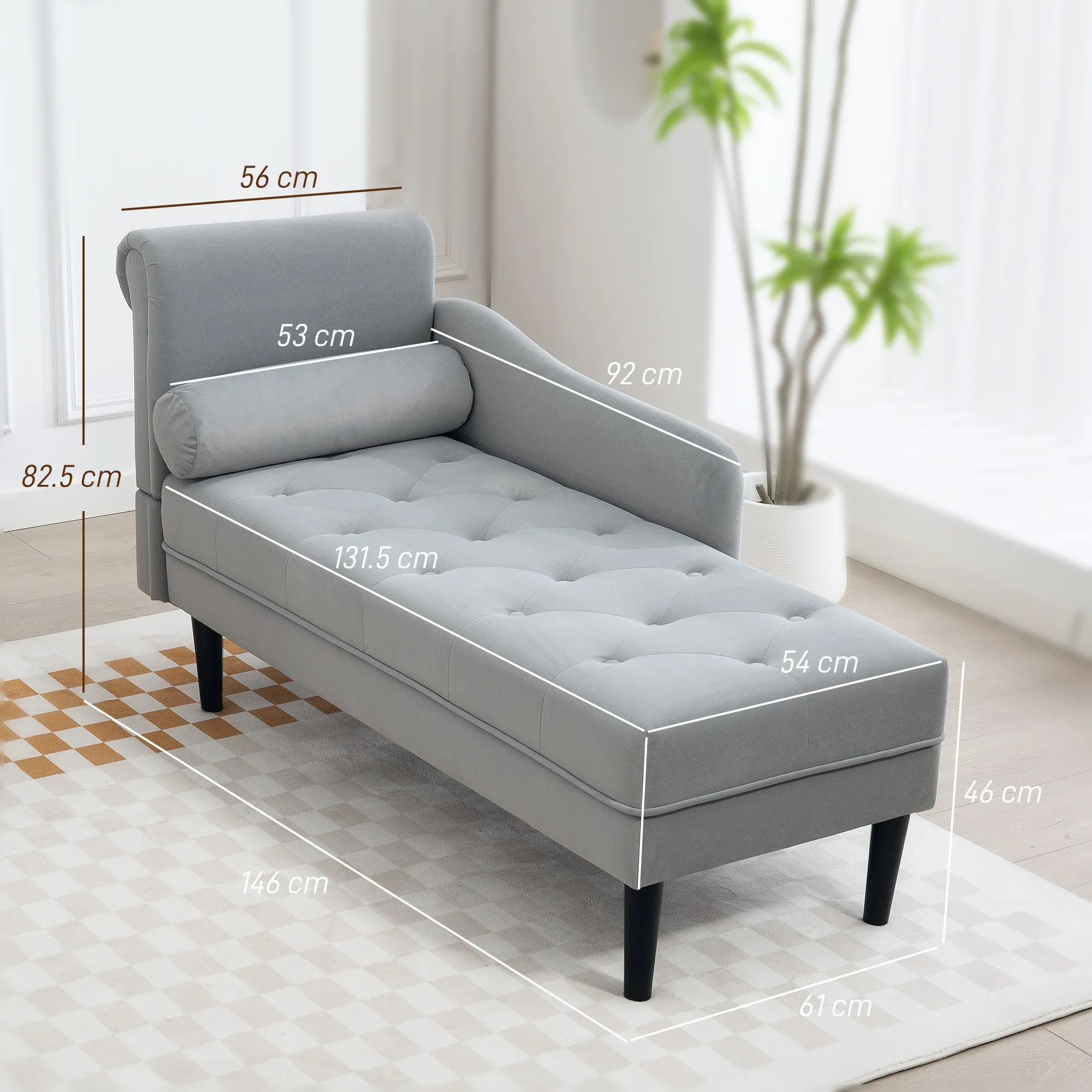 Chaise Longue with Quilted Velvet Effect Covering in Grey, Solid Wood and Sponge, 146x61x82.5 cm - Image 3