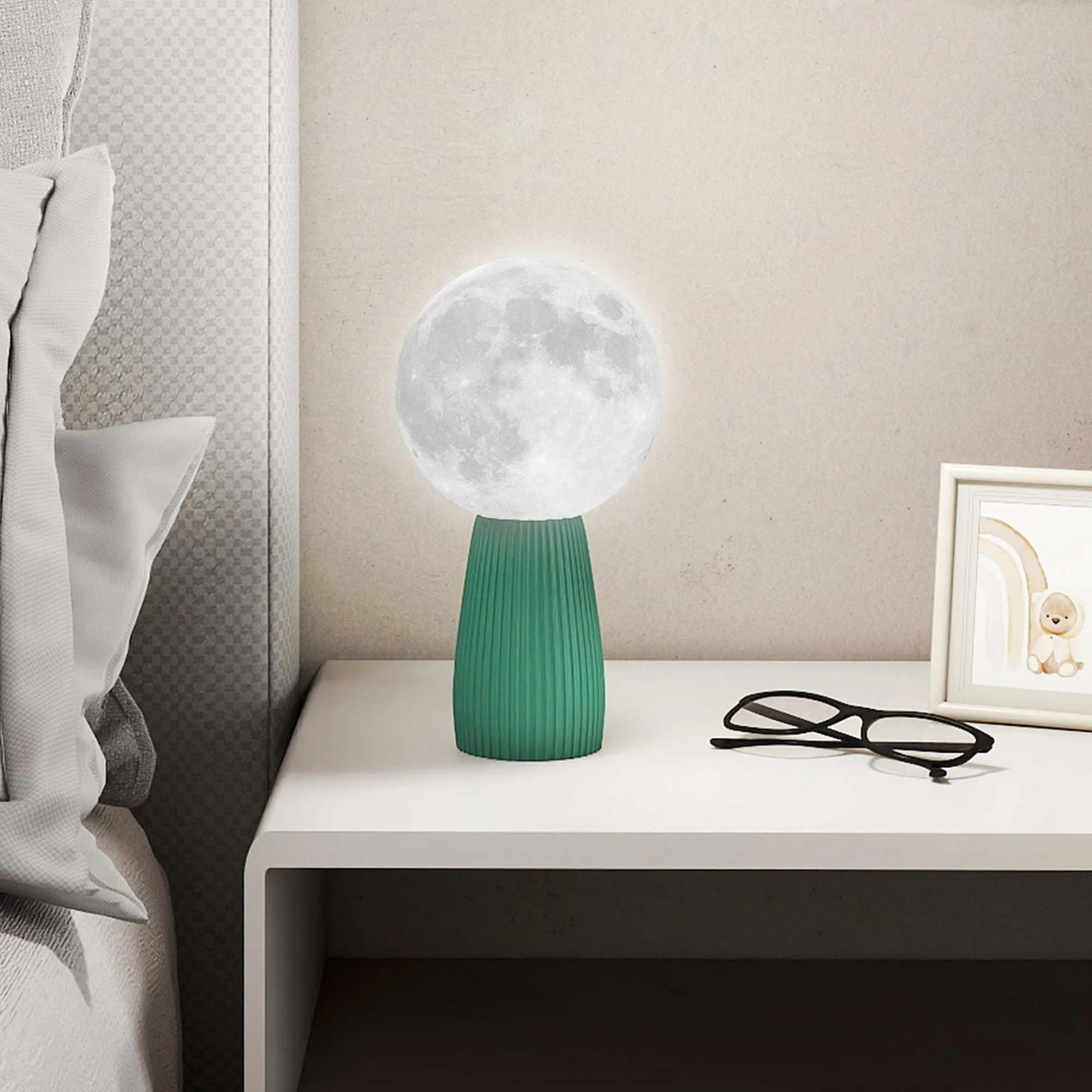 Moon-Shaped Table Lamp with 3 Colors and 10 Brightness Levels, ABS, Ø15x28 cm, White and Dark Green - Image 2