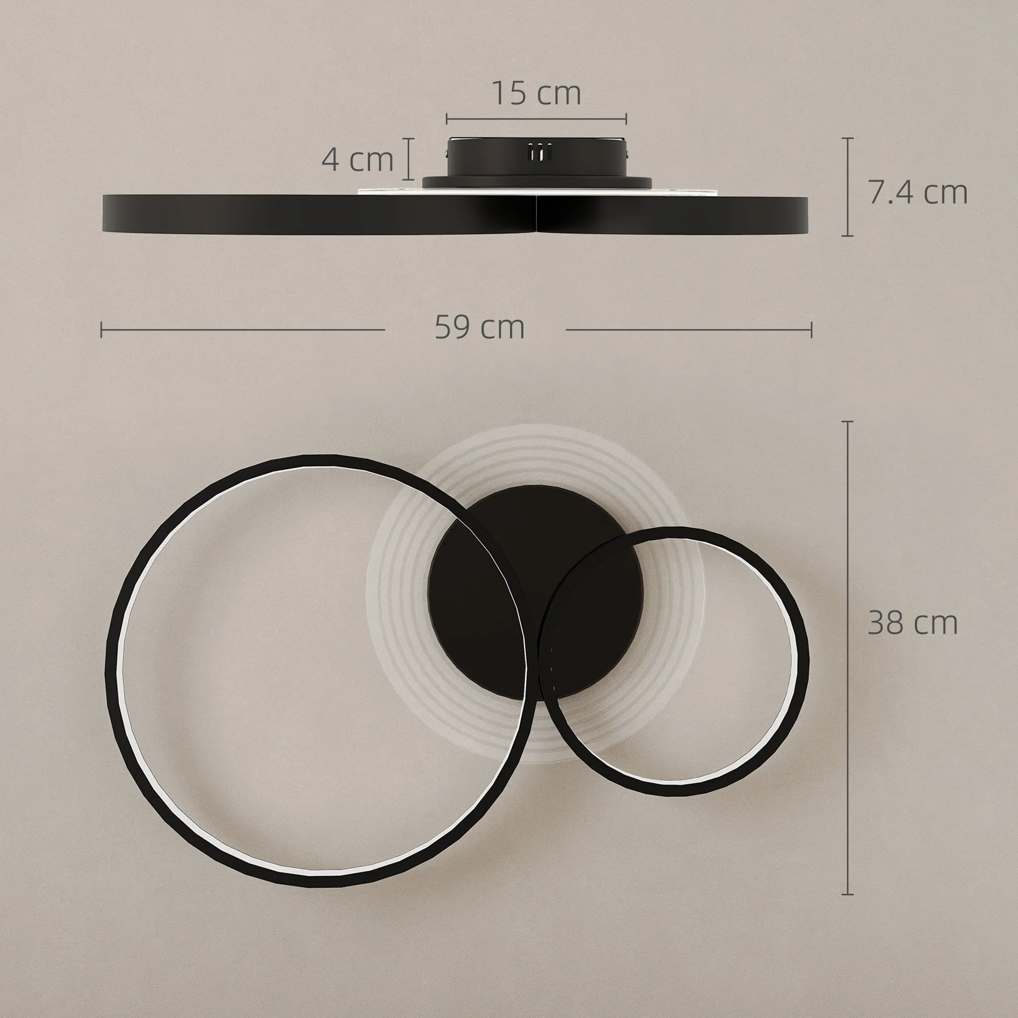 Modern 3-Ring LED Ceiling Light with Adjustable Brightness, 40W Power, Black - Image 3