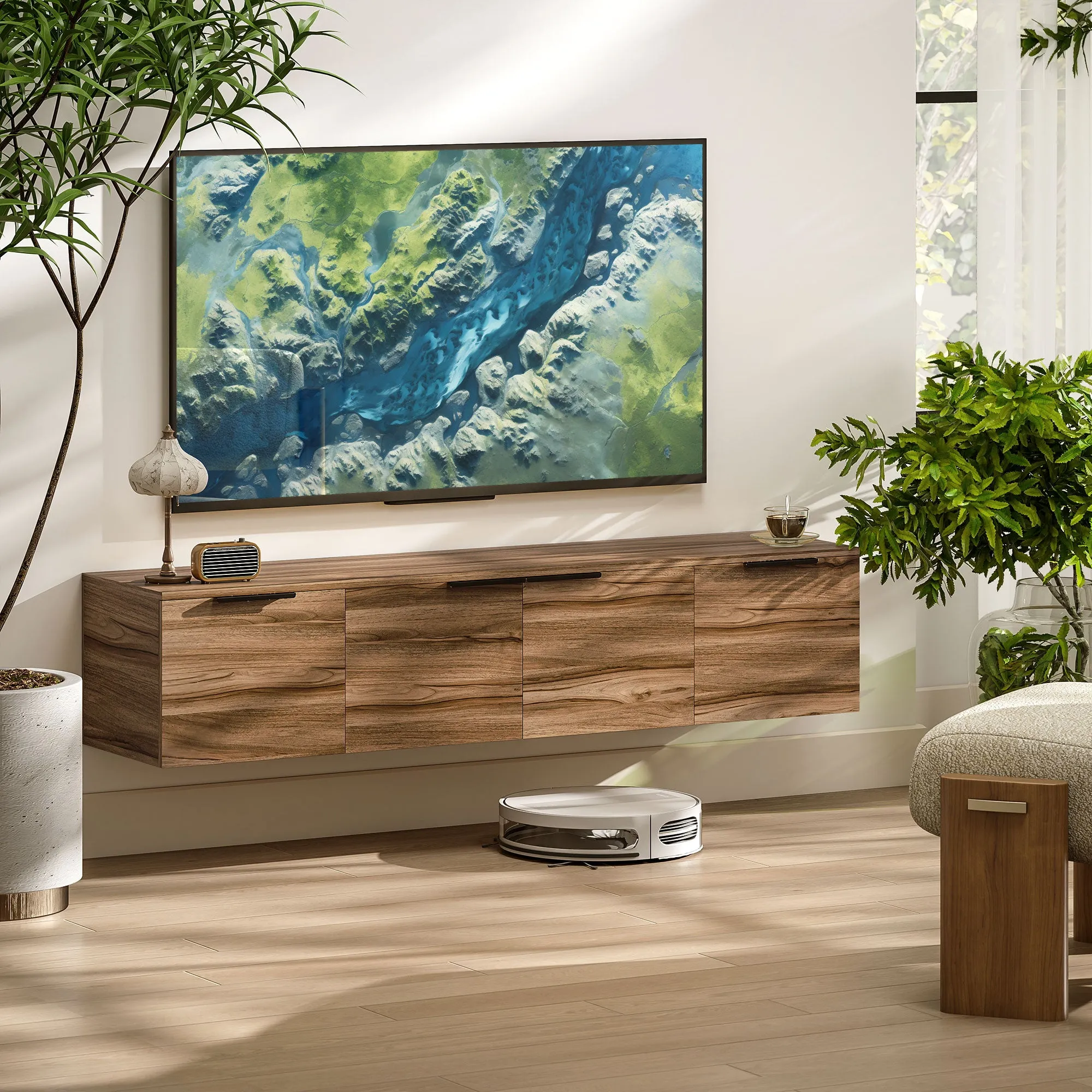 Industrial Style Wall Mounted TV Stand with 3 Cabinets, Up to 65", Rustic Brown - Image 2