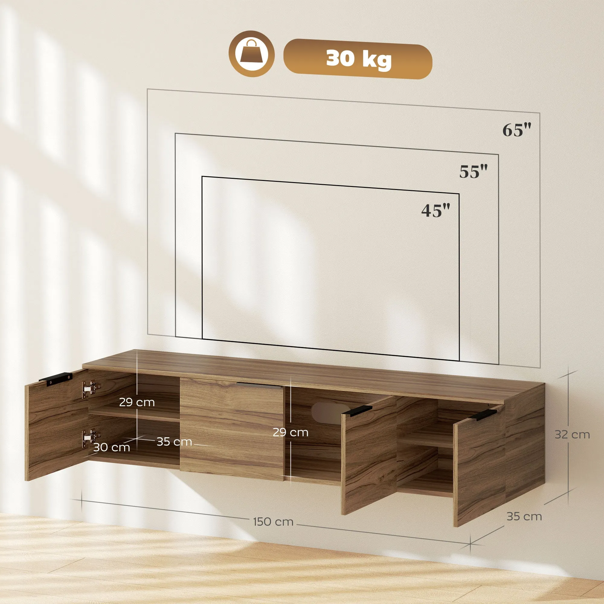 Industrial Style Wall Mounted TV Stand with 3 Cabinets, Up to 65", Rustic Brown - Image 3