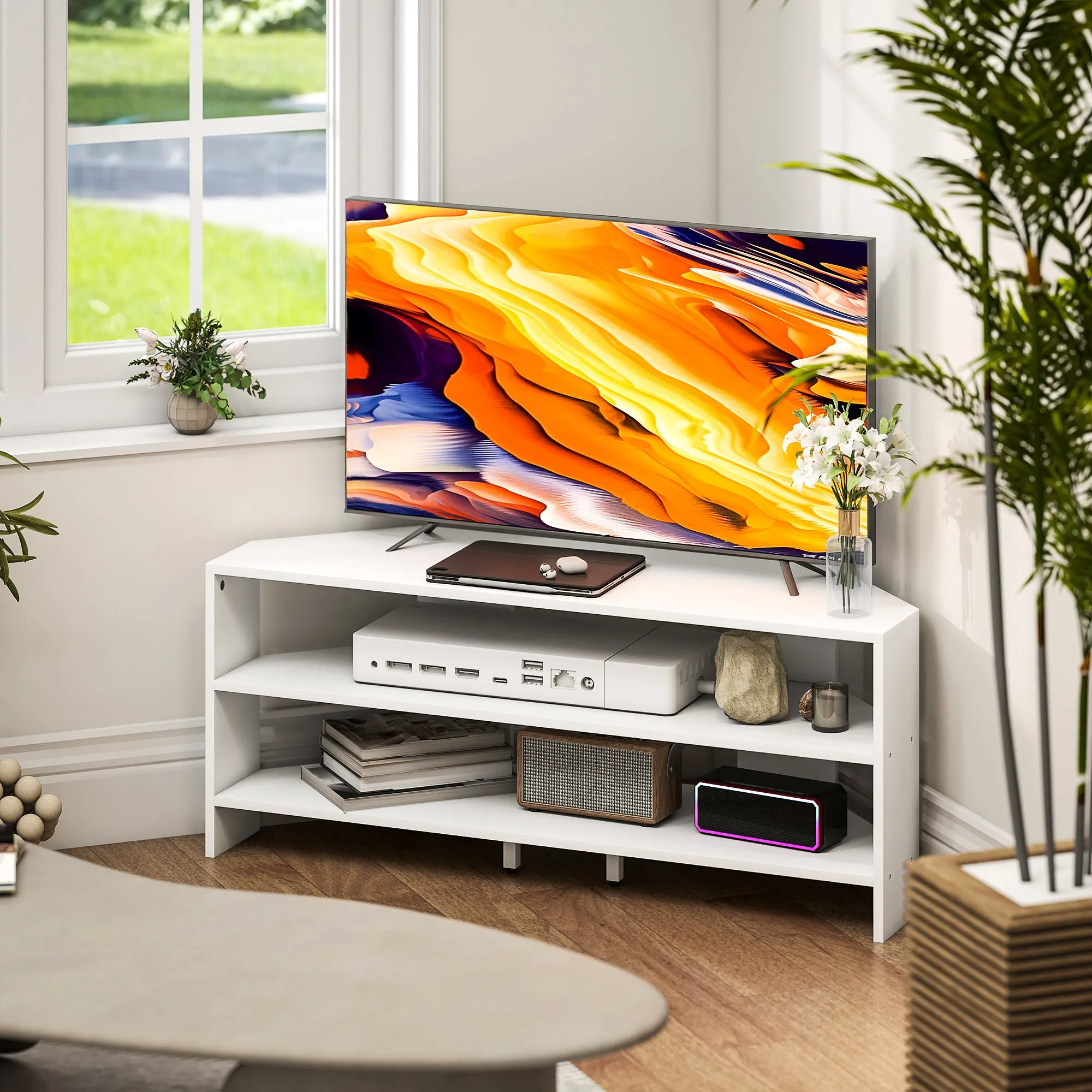 Corner TV Stand for 47" Max with 2 Open Shelves, Wooden, 110x36x45 cm, White - Image 2