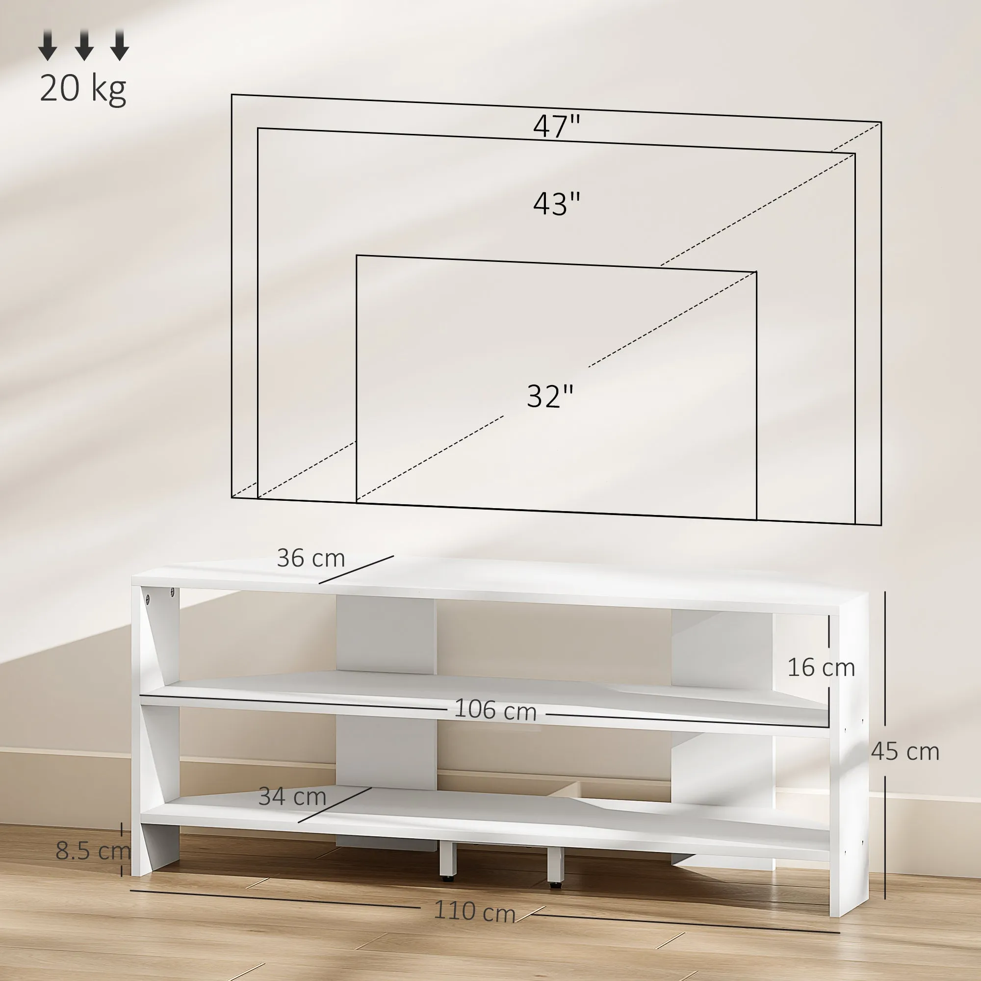 Corner TV Stand for 47" Max with 2 Open Shelves, Wooden, 110x36x45 cm, White - Image 3