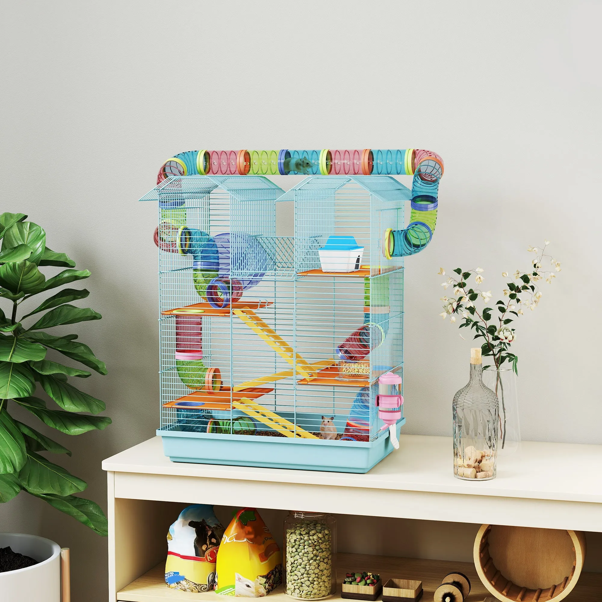 5-Story Hamster Cage with Colorful Tubes, Wheel, House and Accessories, 47x30x59 cm, Blue - Image 2