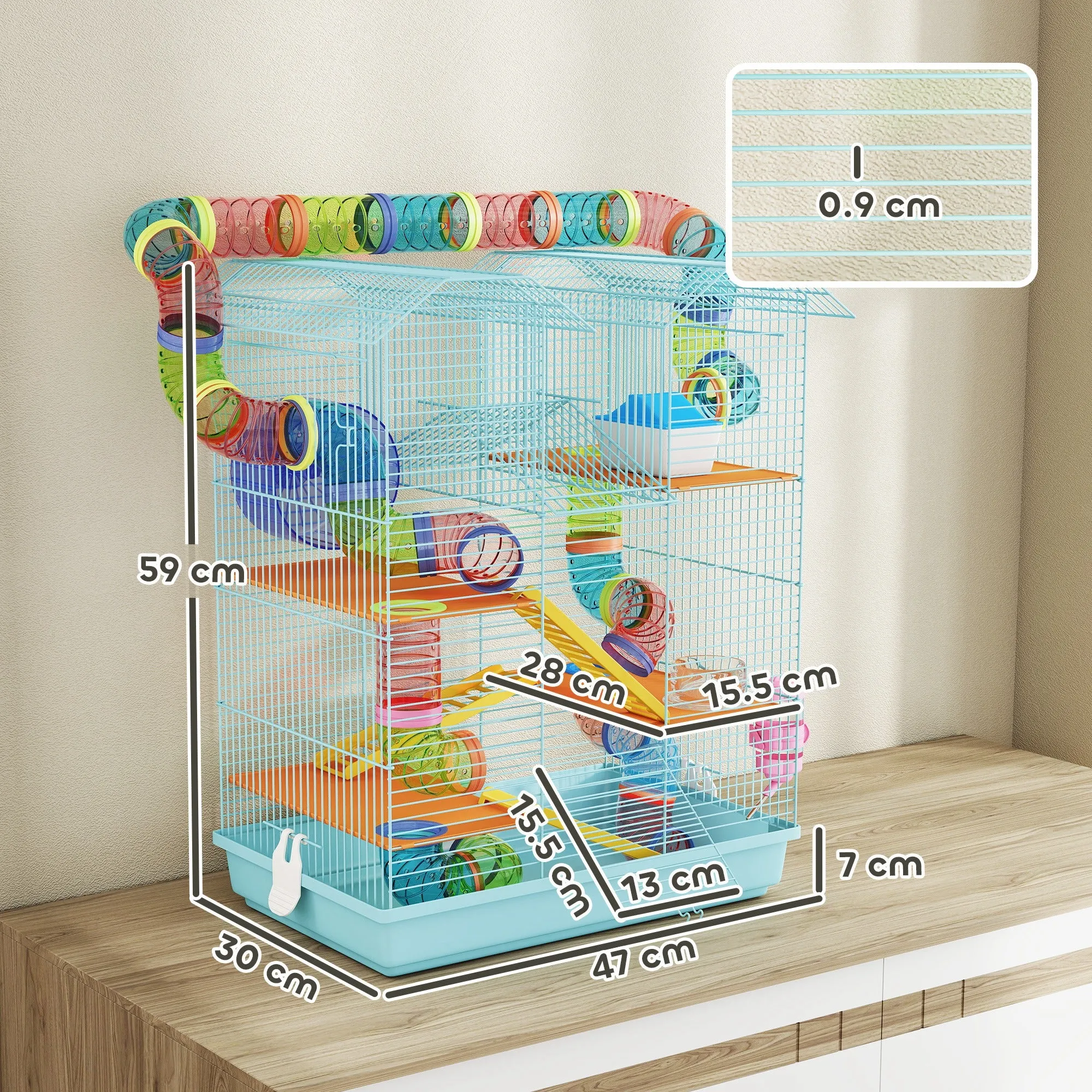 5-Story Hamster Cage with Colorful Tubes, Wheel, House and Accessories, 47x30x59 cm, Blue - Image 3