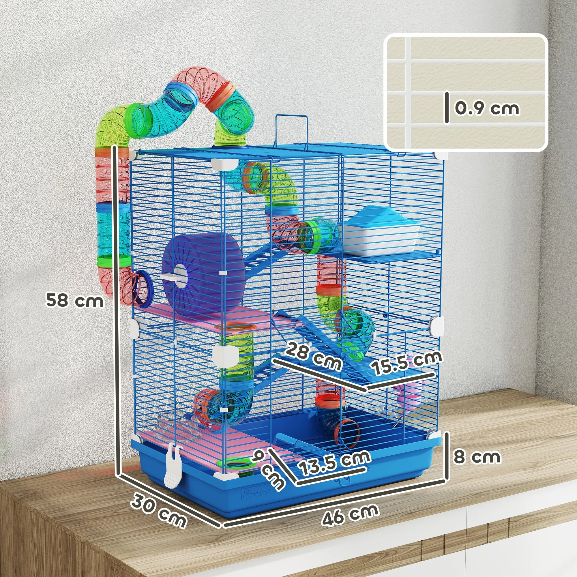 5-Level Hamster Cage with Tubes, Wheel, Ladders, House and Bottle, 46x30x58 cm - Image 3