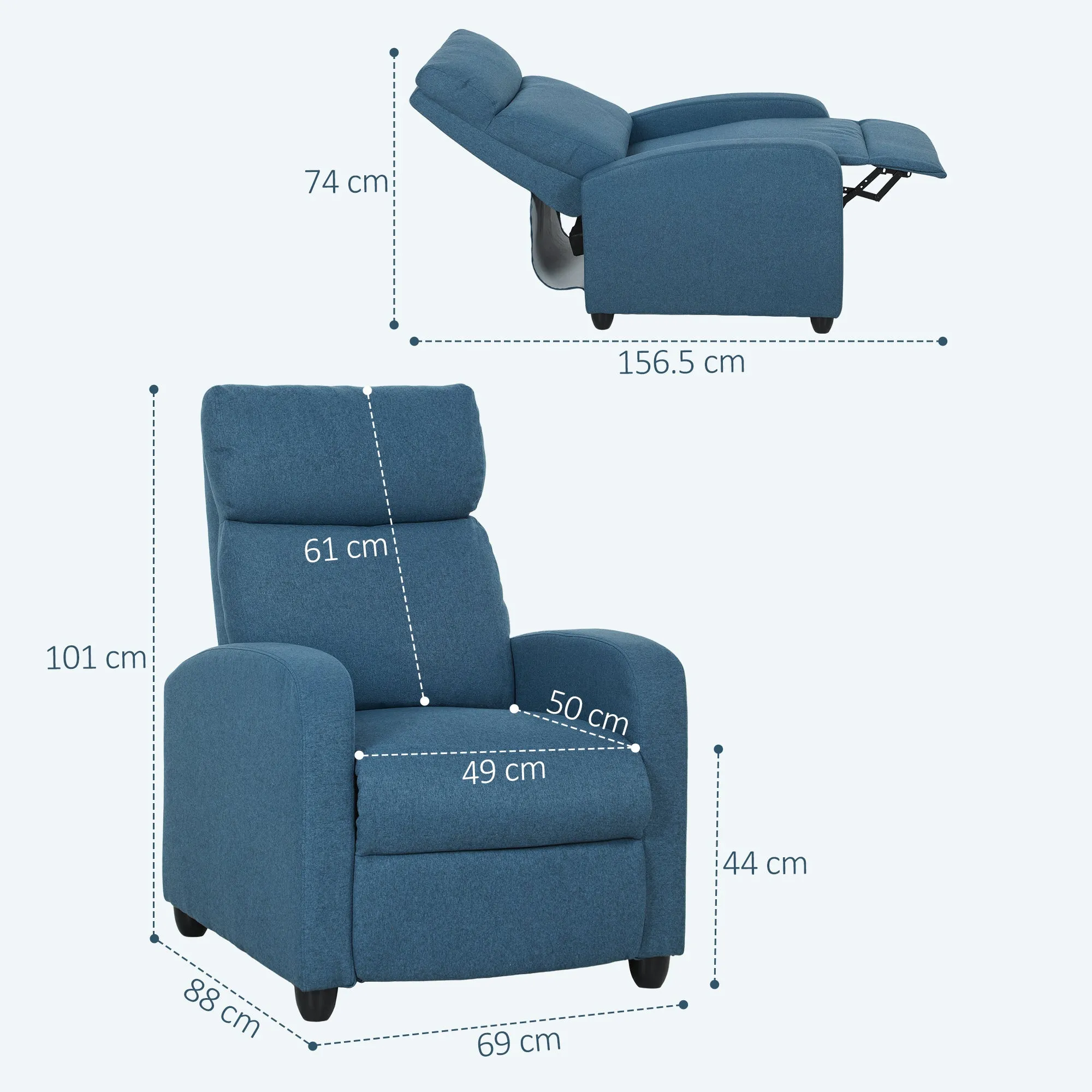 Manually Reclining Relaxing Chair with Footrest and Fabric Upholstery, Blue - Image 3