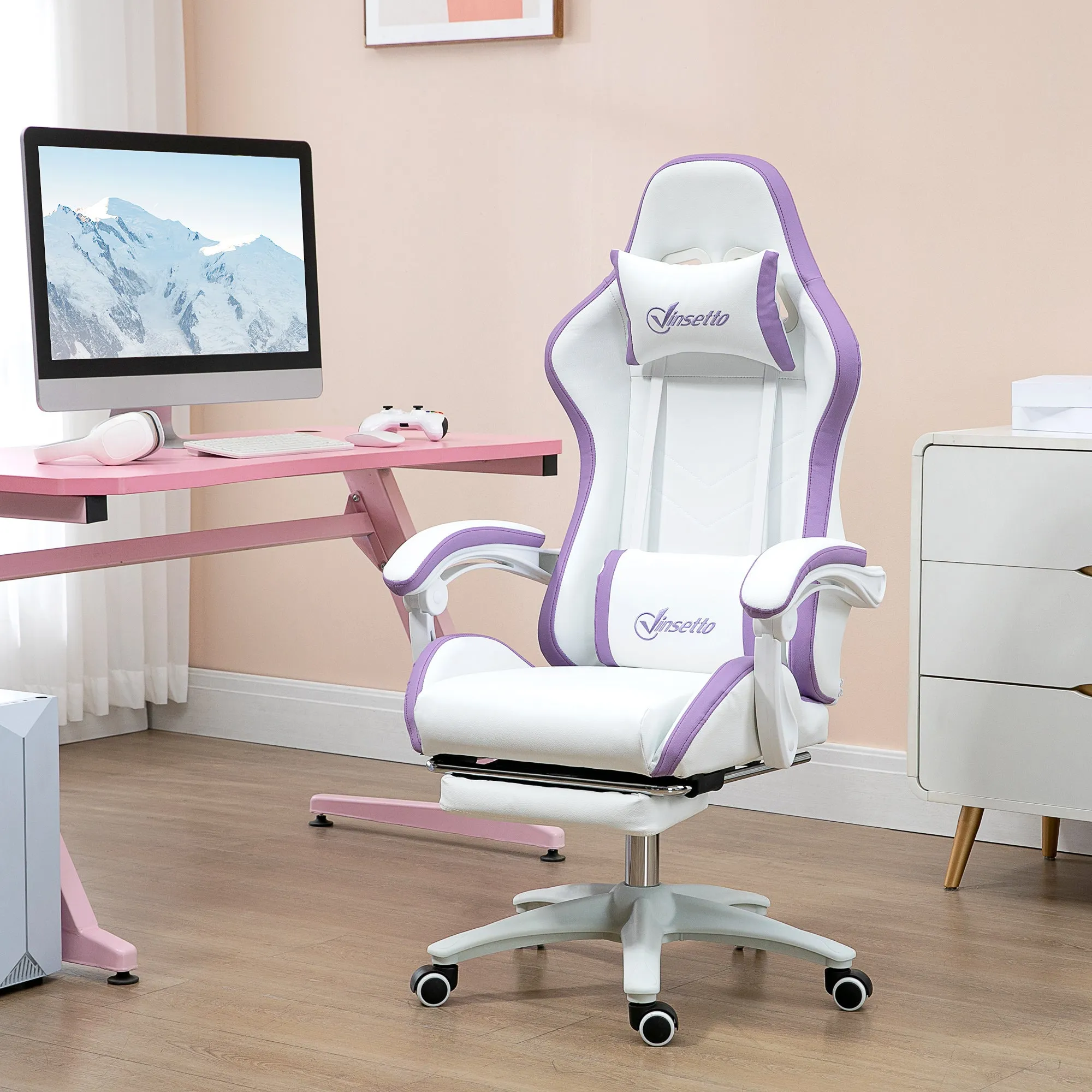 Gaming Chair with Adjustable Height and Reclining Backrest, 65x65x121-129 cm, White and Purple - Image 2