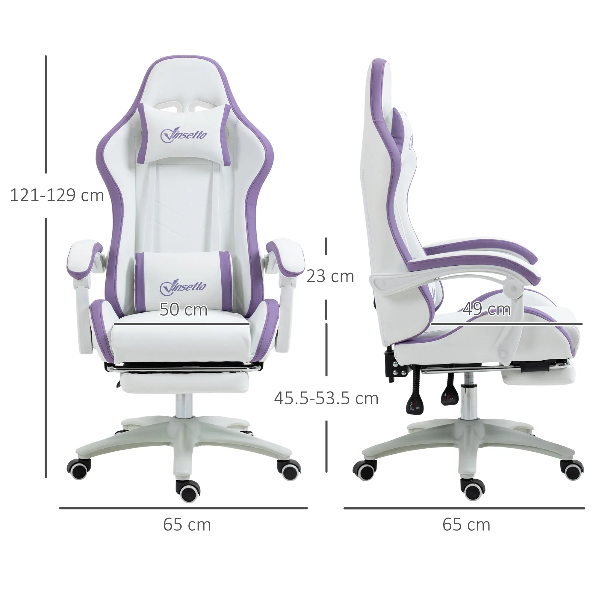 Gaming Chair with Adjustable Height and Reclining Backrest, 65x65x121-129 cm, White and Purple - Image 3