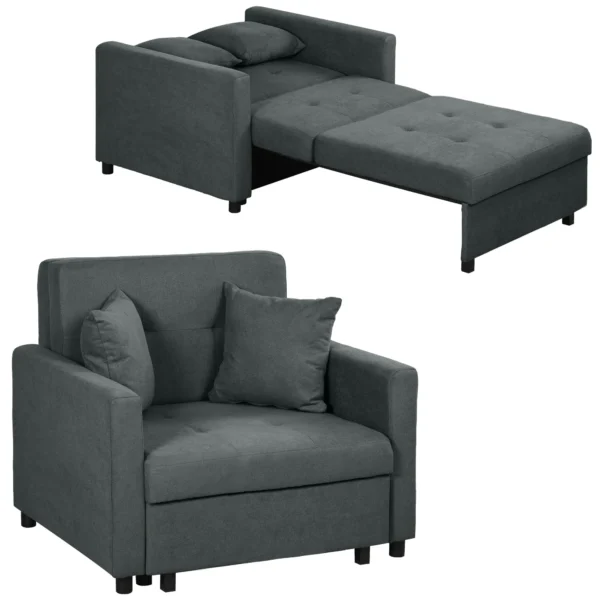 Grey Velvet Fabric Armchair Bed with 2 Cushions and Storage Space, 100x98x88 cm