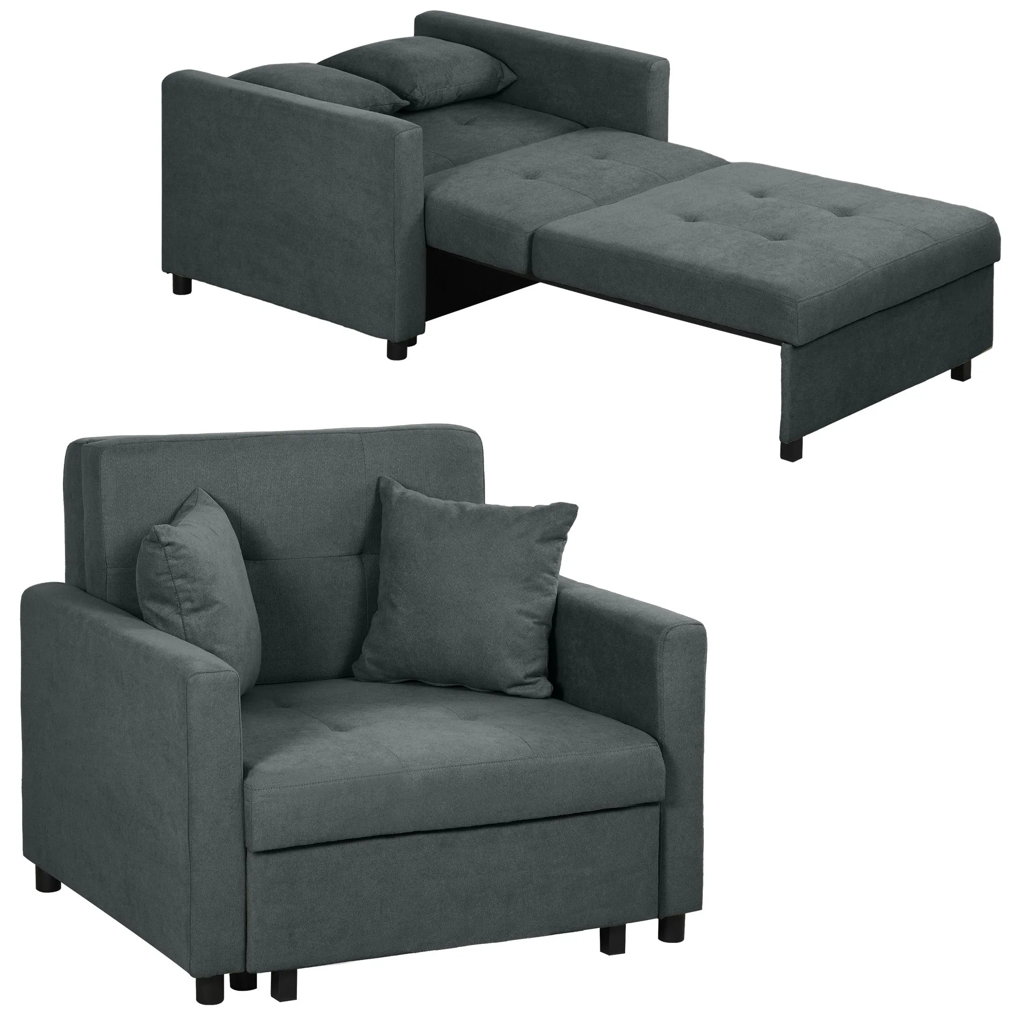 Grey Velvet Fabric Armchair Bed with 2 Cushions and Storage Space, 100x98x88 cm