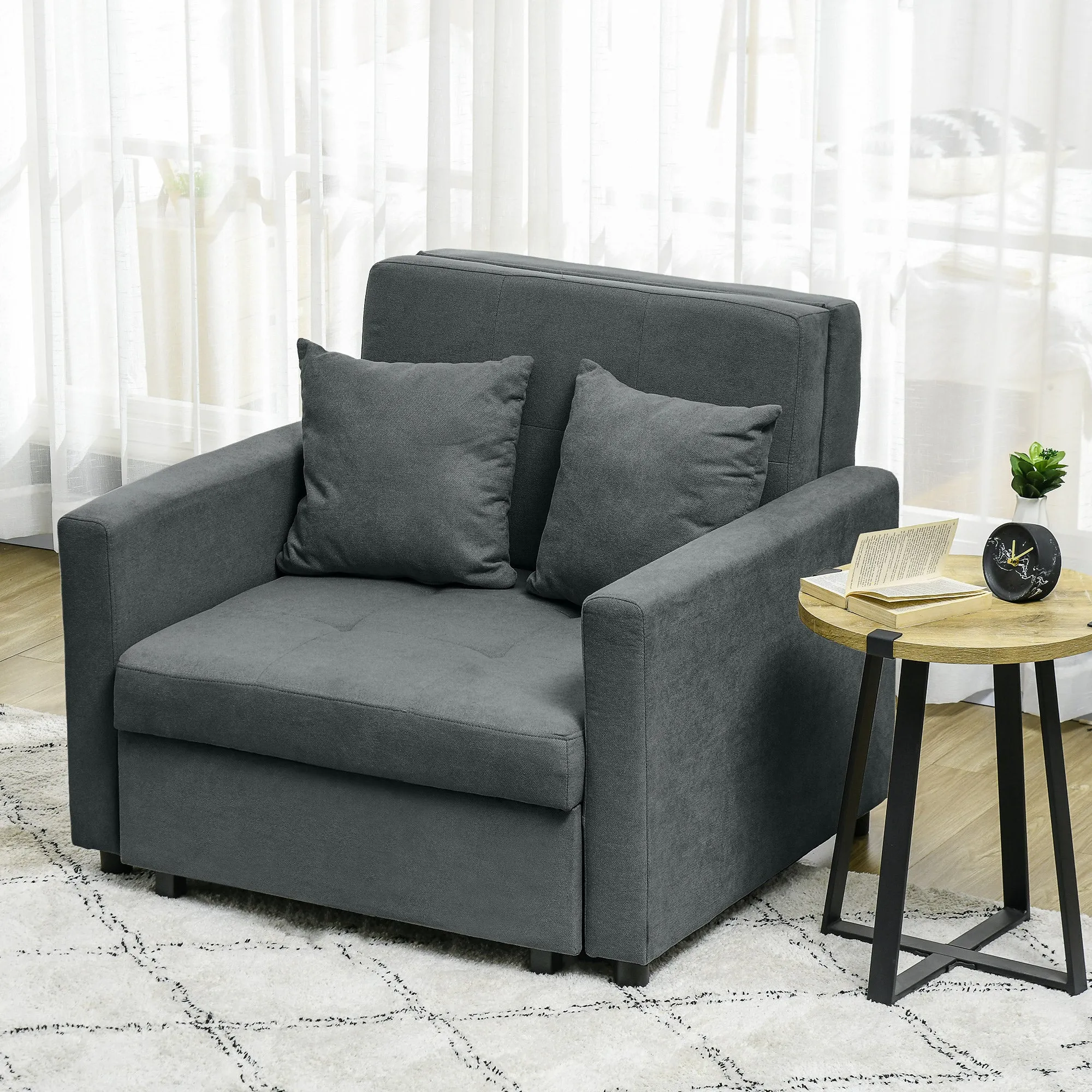 Grey Velvet Fabric Armchair Bed with 2 Cushions and Storage Space, 100x98x88 cm - Image 2