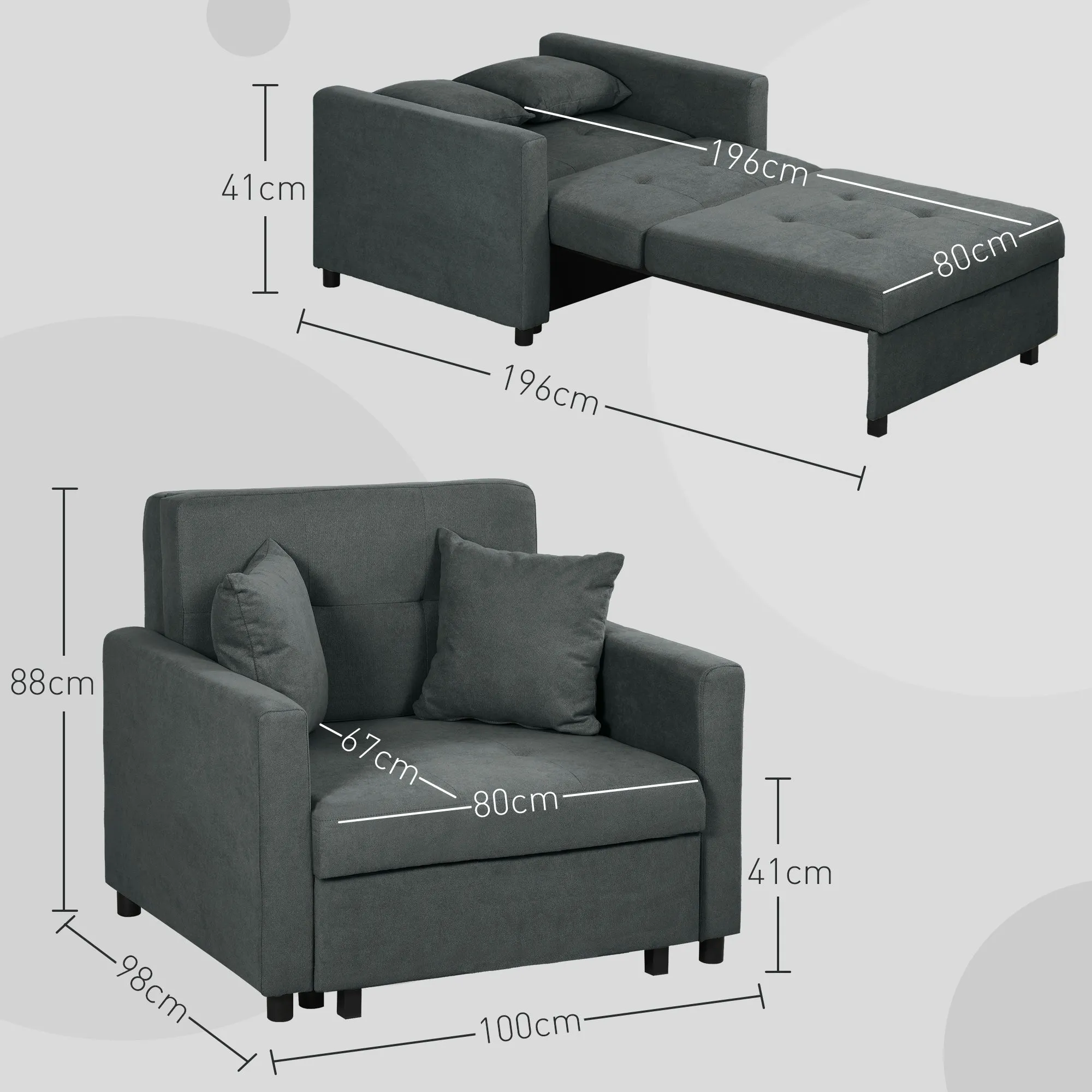 Grey Velvet Fabric Armchair Bed with 2 Cushions and Storage Space, 100x98x88 cm - Image 3