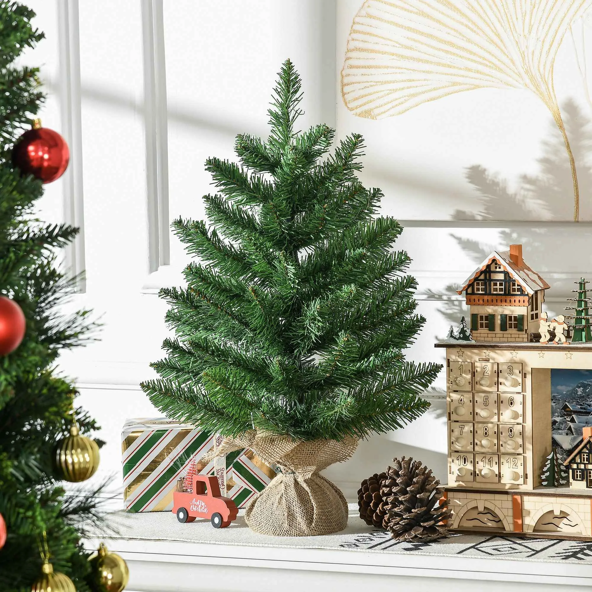 HOMCOM 55cm Mini Christmas Tree with 50 Thick Branches and Realistic PVC Needles, Cement and Jute Base - Image 2