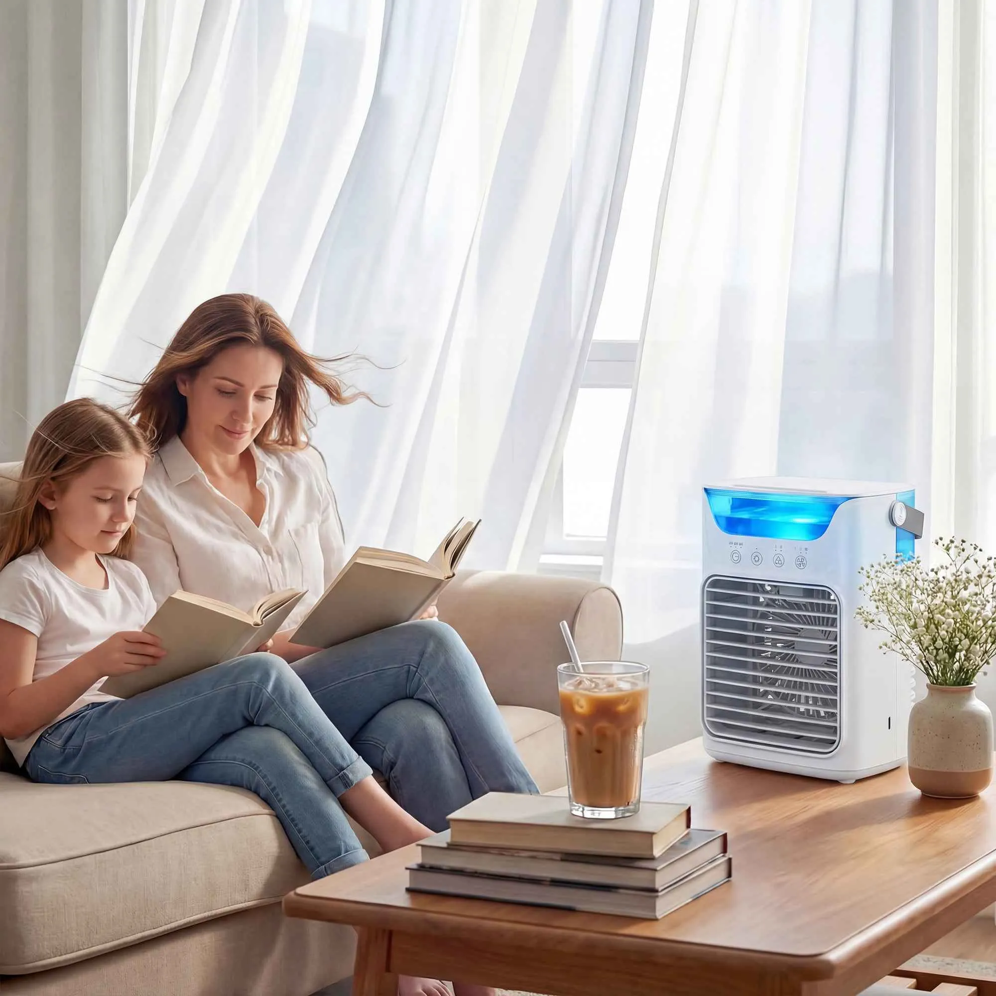 HOMCOM Table Fan with 3 Speeds, RGB Light and Adjustable Head, White - Image 2