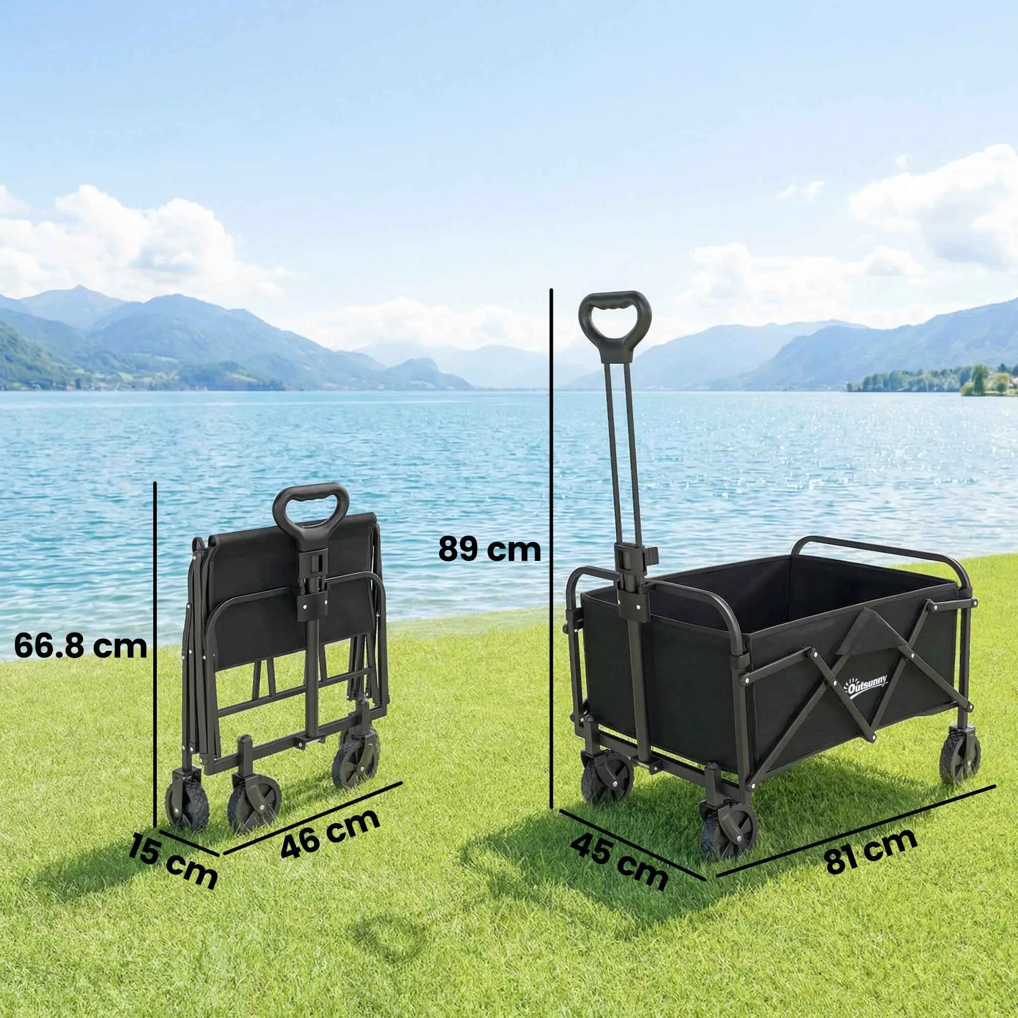 Outsunny 66L Folding Garden Cart with Adjustable Handle and Cup Holder, Black - Image 3