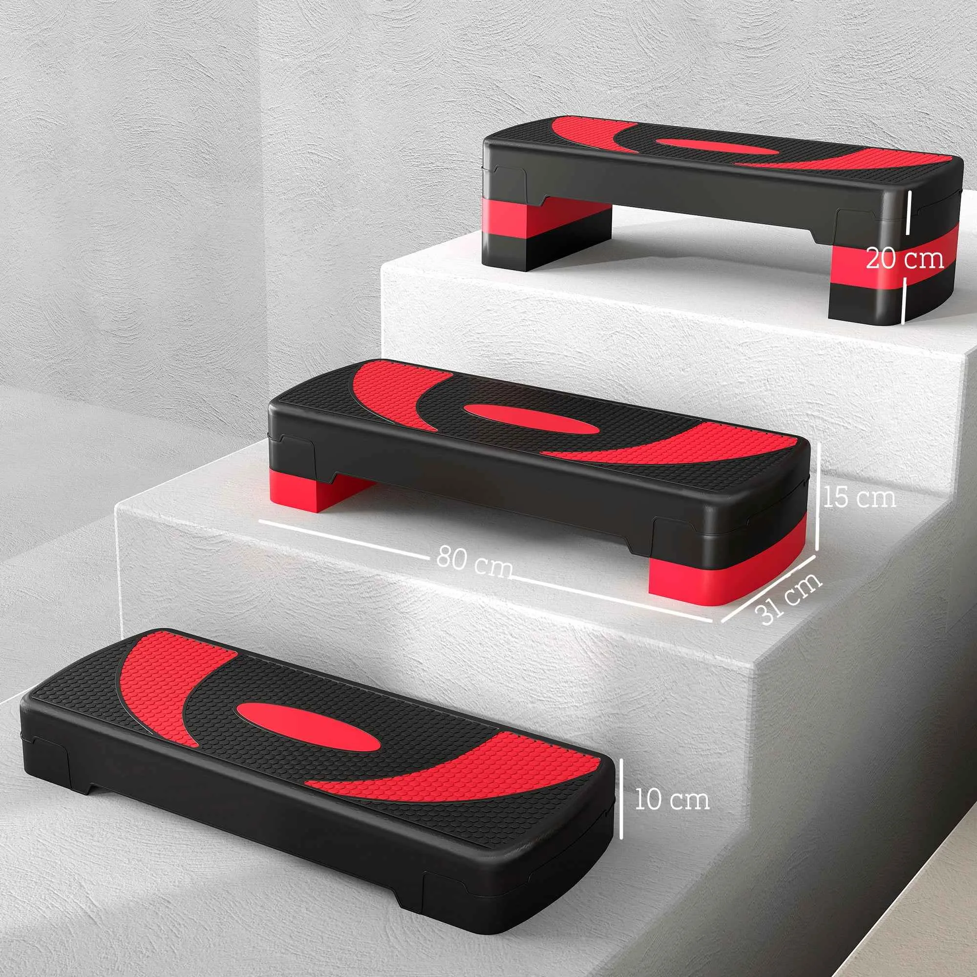 HOMCOM 3-Height Adjustable Aerobic Stepper, Plastic, 80x31x10/15/20 cm, Red and Black - Image 3