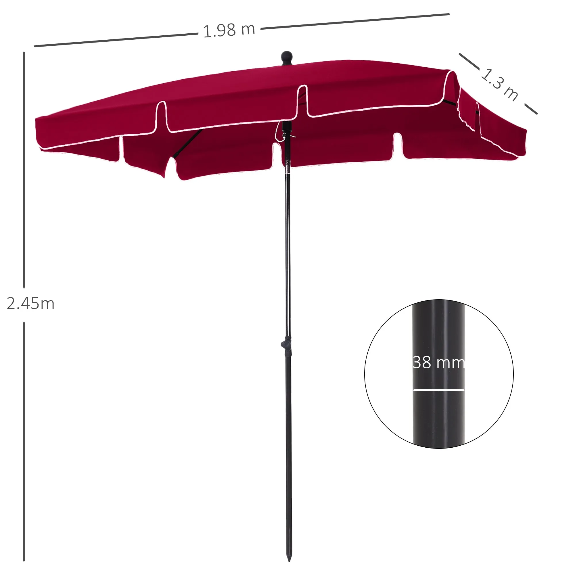 Outsunny 2x2.4m Rectangular Garden Umbrella with Adjustable Tilt, Red and Black - Image 3