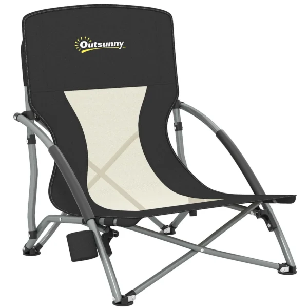 Outsunny Folding Beach Chair with Mesh Backrest and Cup Holder, Metal and Oxford Fabric, 58x55x62 cm, Black