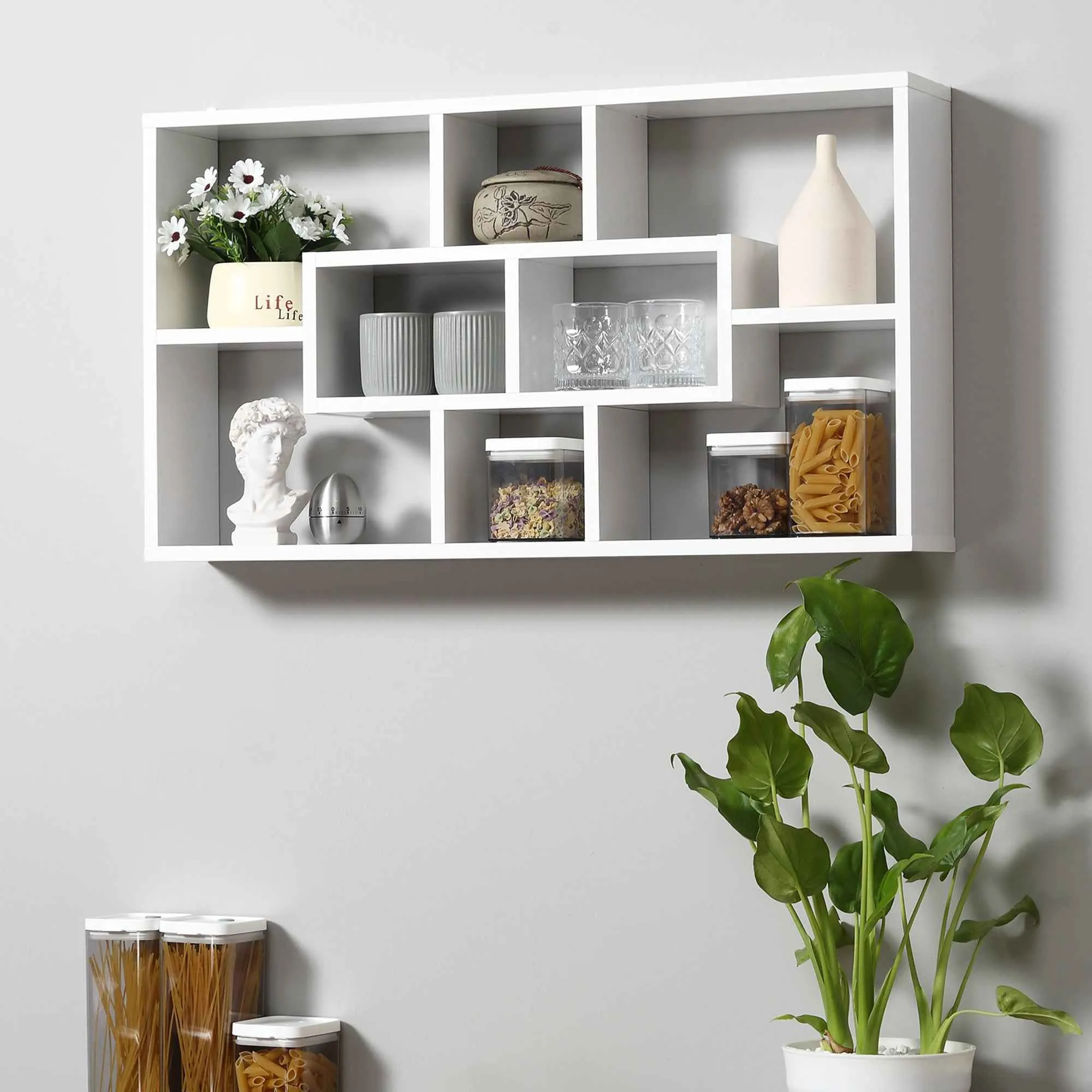 HOMCOM Wall Mounted Bookcase with 8 Compartments in 3 Different Sizes, Wall Shelf with Anti-Tip Design, White Chipboard Panels, 85x14.5x47.5cm, Capacity: 20kg - Image 2