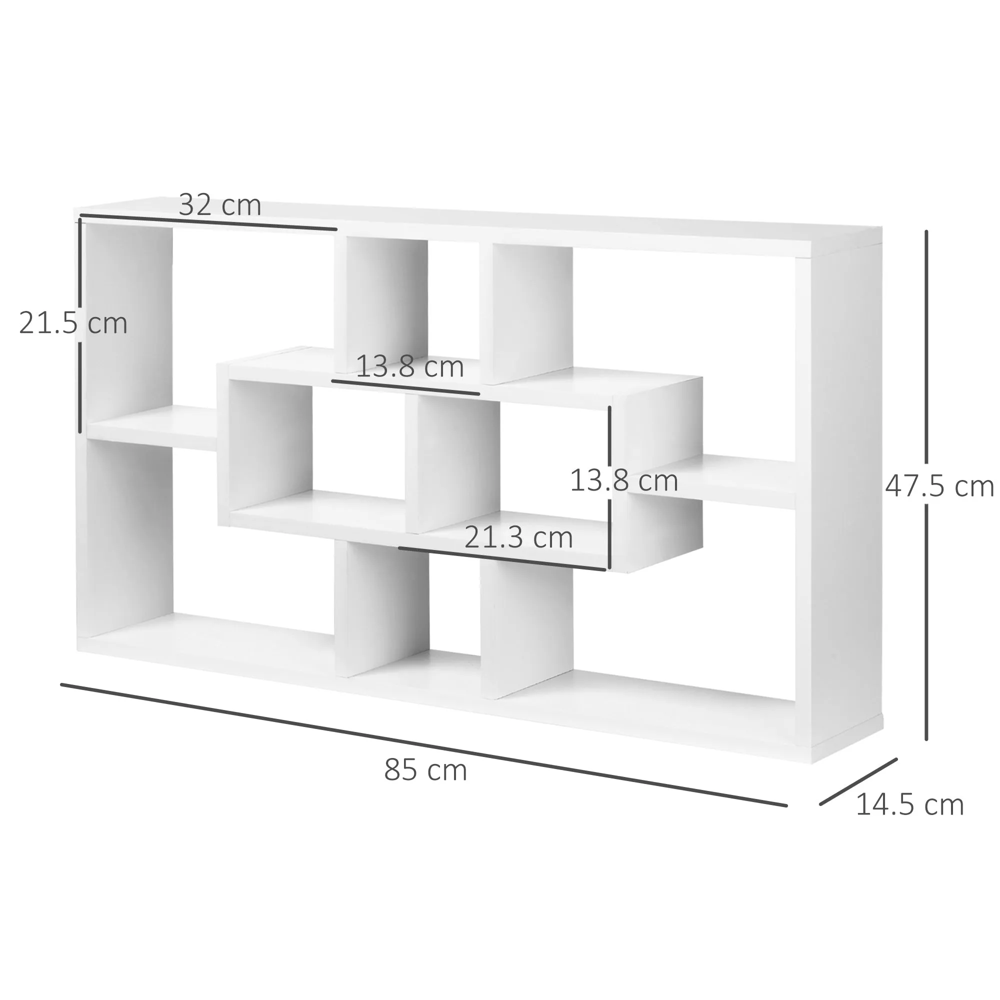 HOMCOM Wall Mounted Bookcase with 8 Compartments in 3 Different Sizes, Wall Shelf with Anti-Tip Design, White Chipboard Panels, 85x14.5x47.5cm, Capacity: 20kg - Image 3