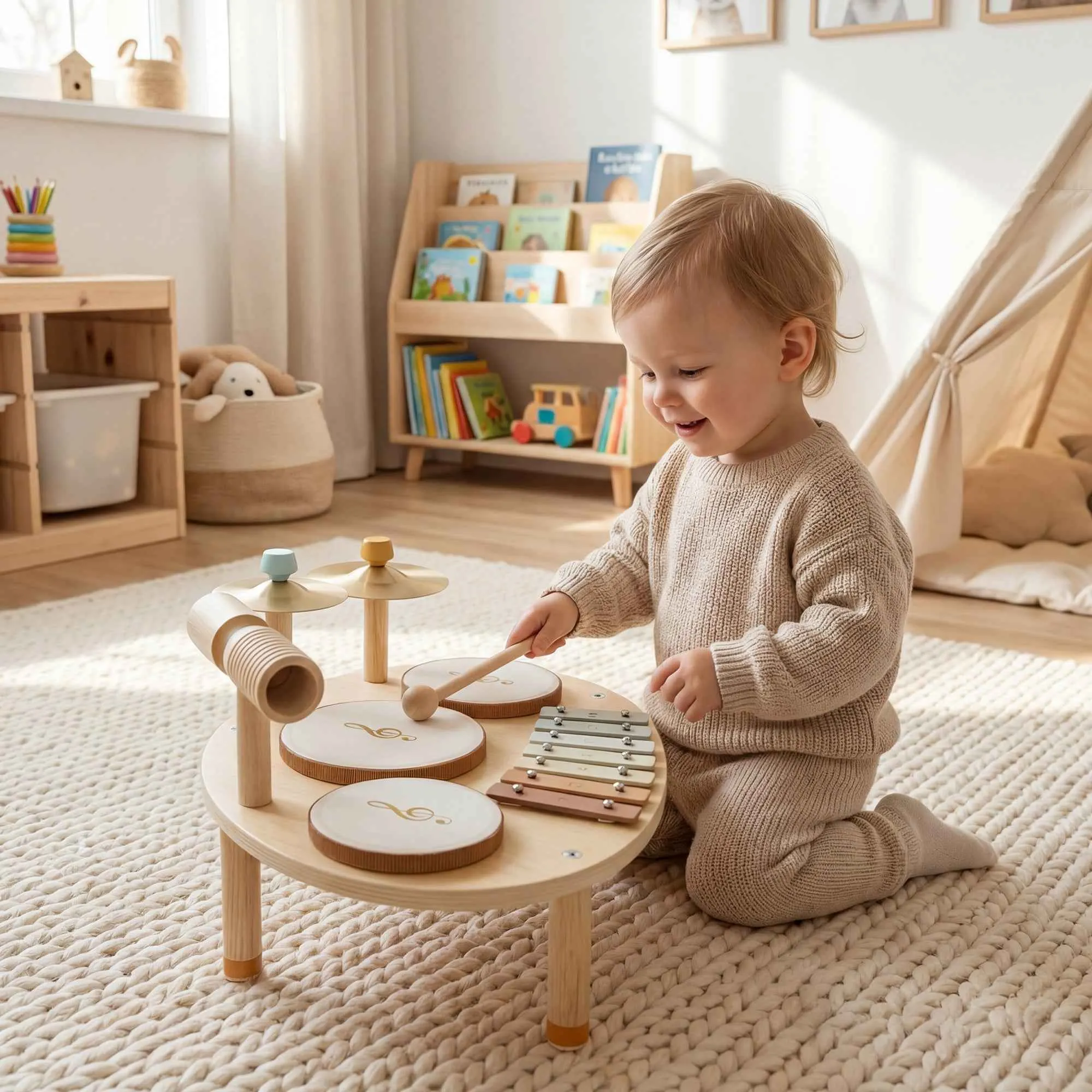 Musical Instrument Set for Kids Ages 2+ with Drums and Xylophone, Wood Color - Image 2