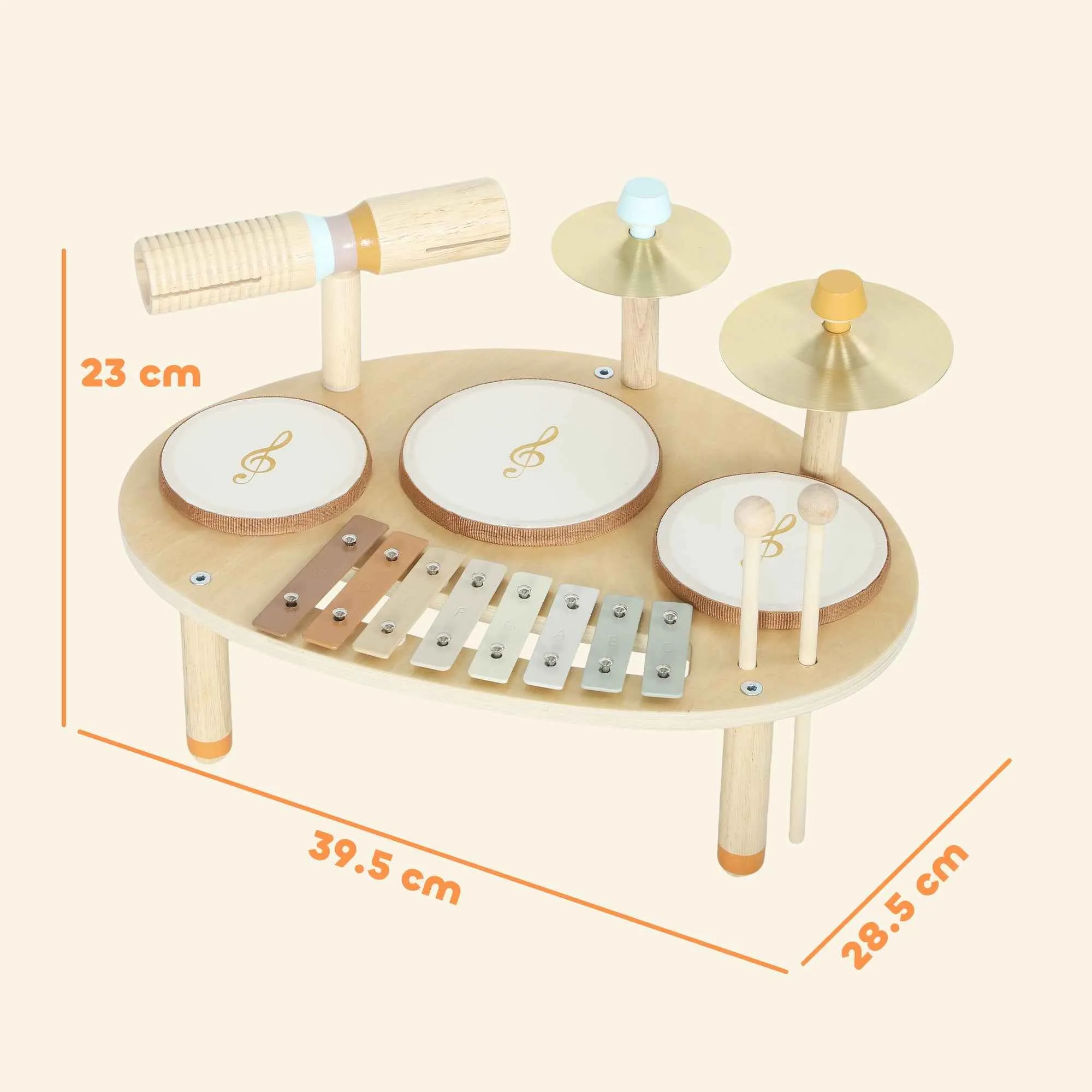 Musical Instrument Set for Kids Ages 2+ with Drums and Xylophone, Wood Color - Image 3