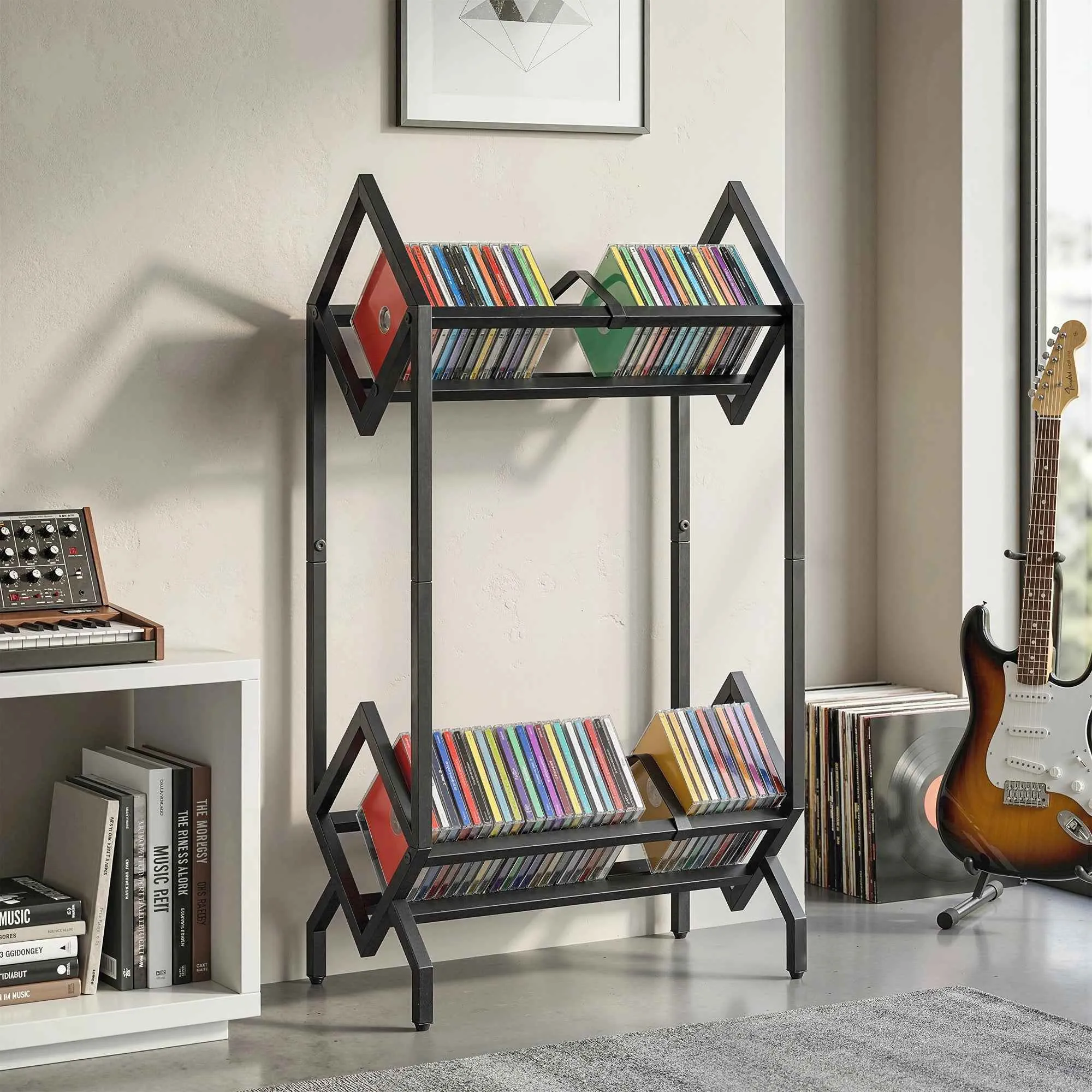 HOMCOM 50 CD Holder, 2-Tier Metal Vinyl Record Rack for DVDs, Books, Albums, Black - Image 2