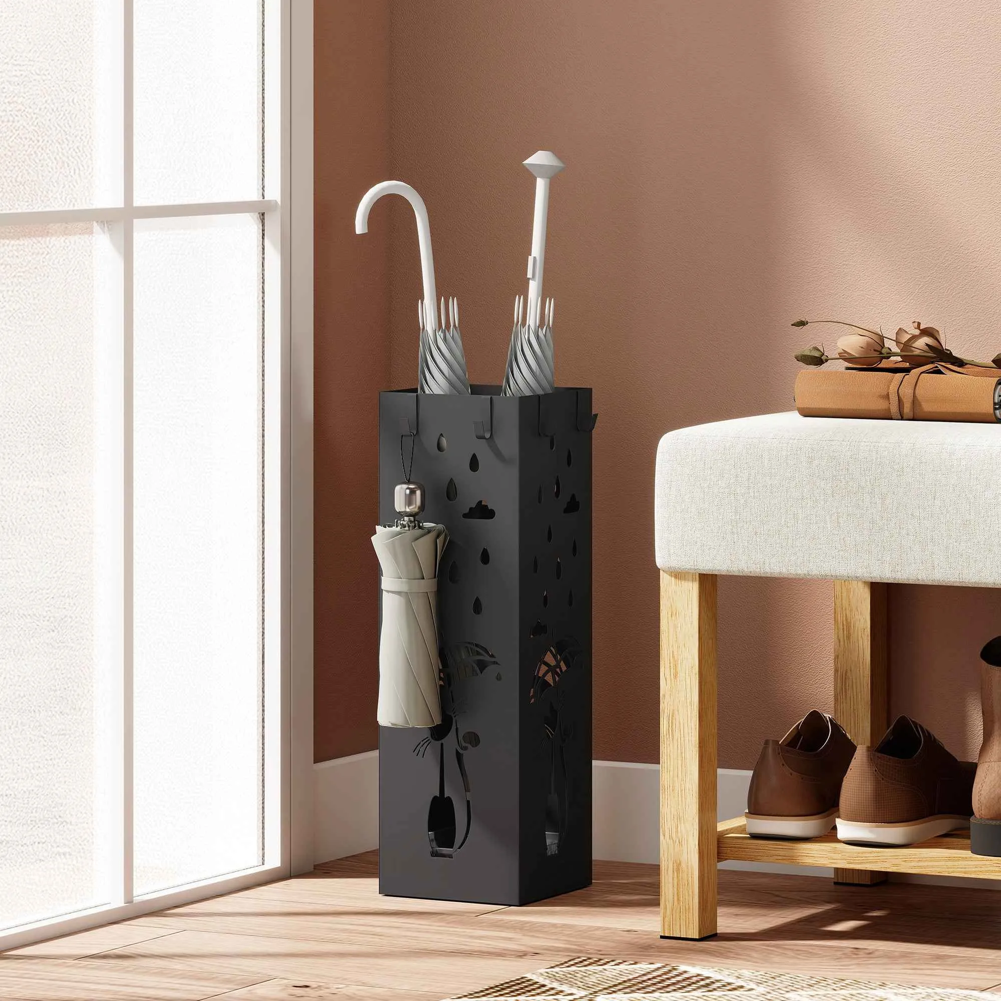 HOMCOM Modern Umbrella Stand with Drip Tray and Metal Hooks, 15.5x15.5x49 cm, Black - Image 2