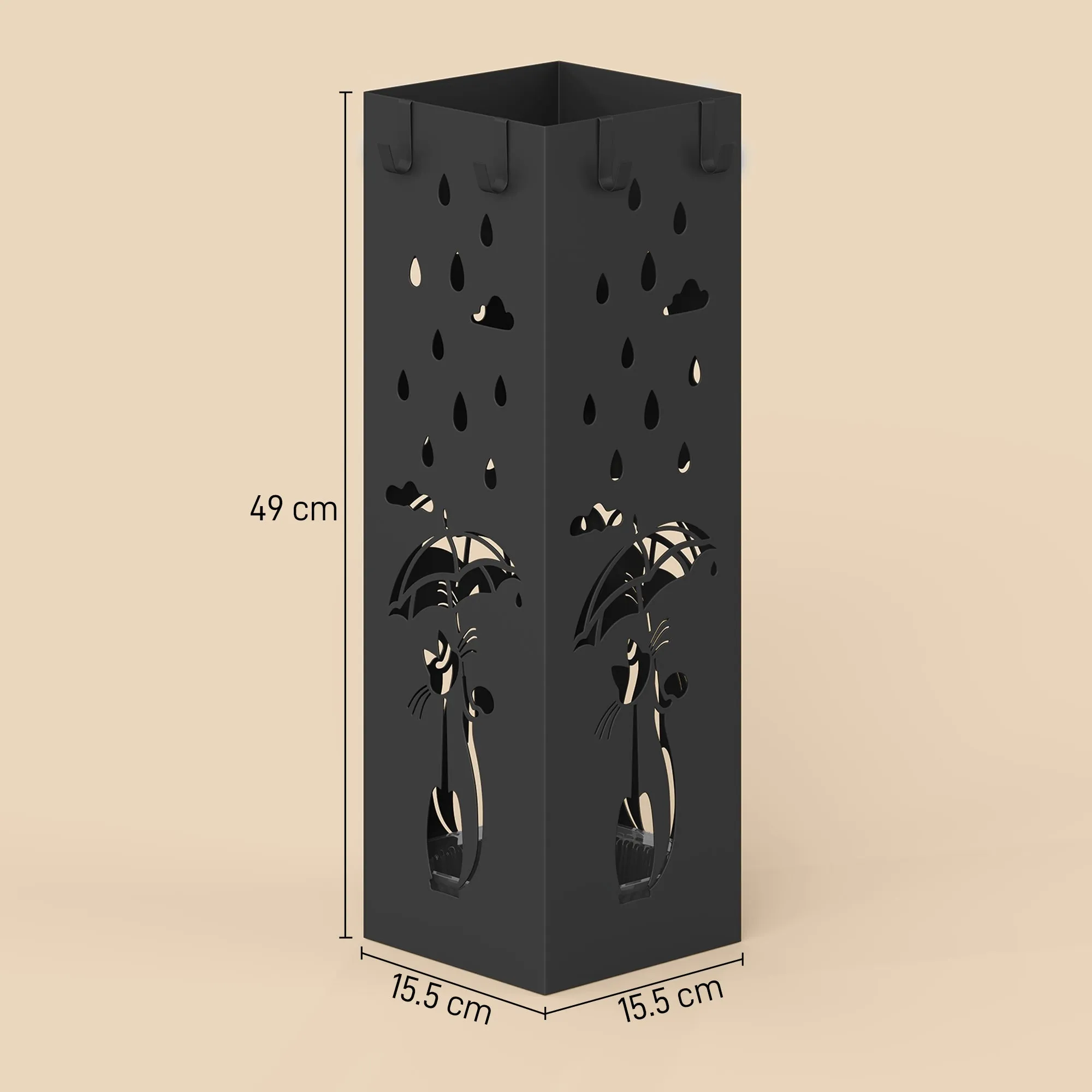 HOMCOM Modern Umbrella Stand with Drip Tray and Metal Hooks, 15.5x15.5x49 cm, Black - Image 3