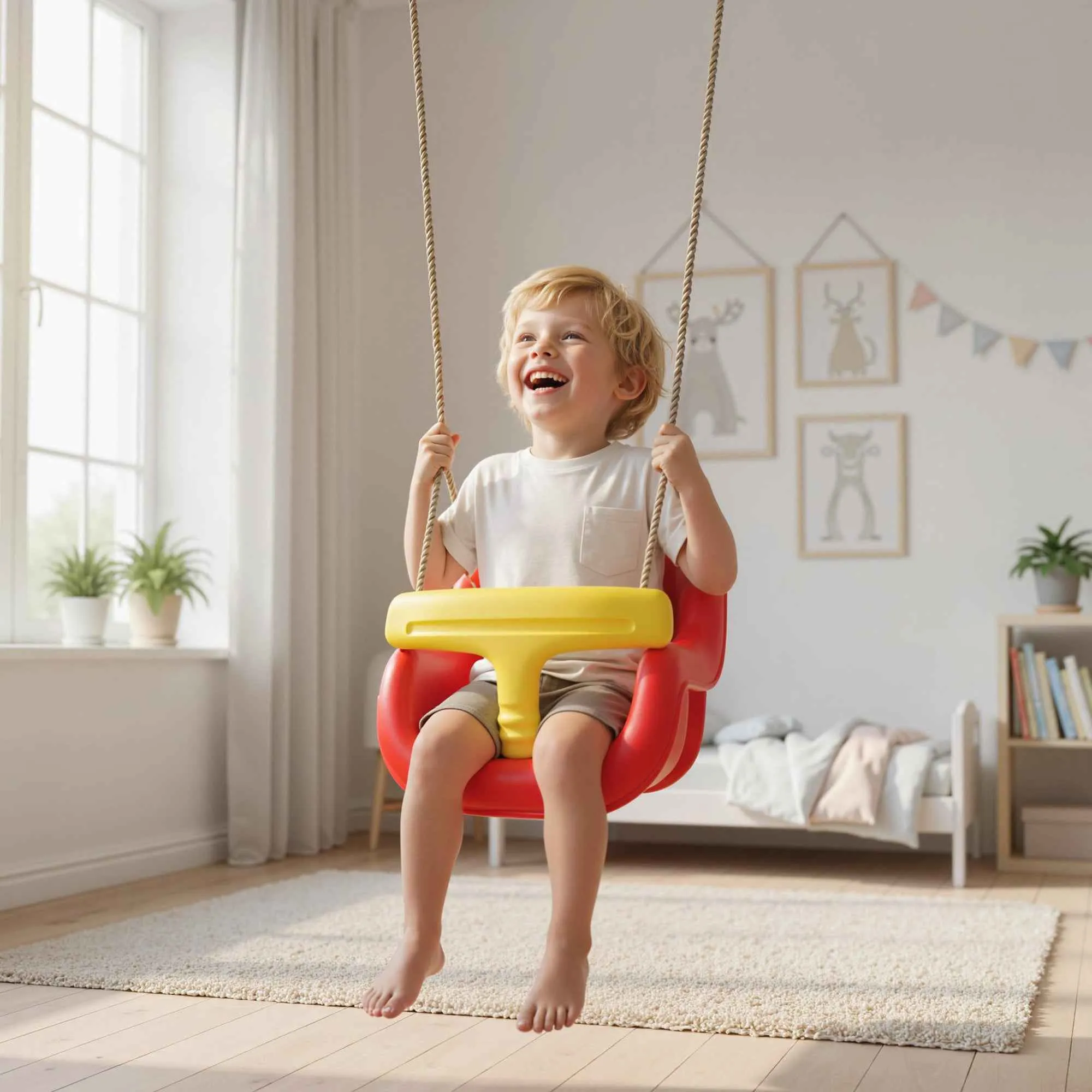 Baby Swing 9-36 Months Adjustable with Ropes and Carabiners, PE, 28x36x180 cm, Red and Yellow - Image 2