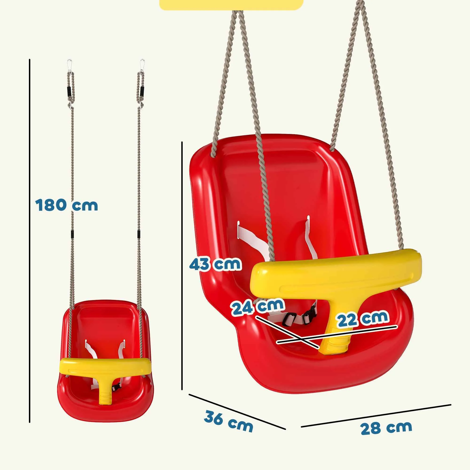 Baby Swing 9-36 Months Adjustable with Ropes and Carabiners, PE, 28x36x180 cm, Red and Yellow - Image 3