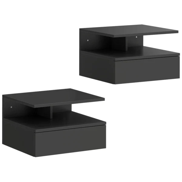 HOMCOM Set of 2 Floating Nightstands with Drawer and Open Shelf, 35x32x22.5 cm, Black