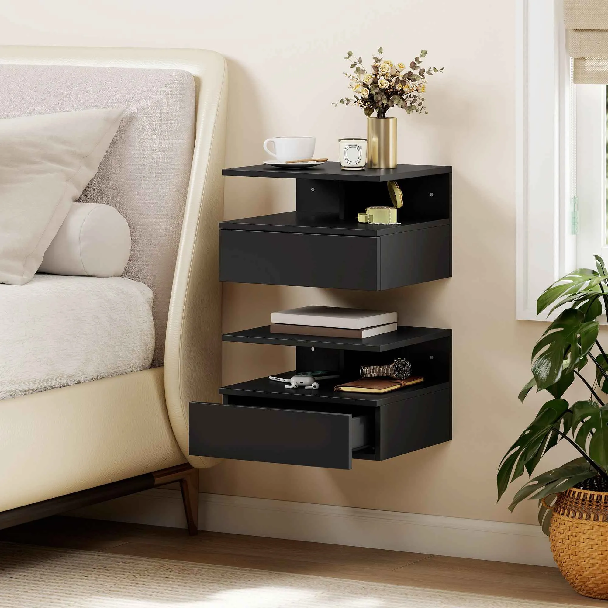 HOMCOM Set of 2 Floating Nightstands with Drawer and Open Shelf, 35x32x22.5 cm, Black - Image 2