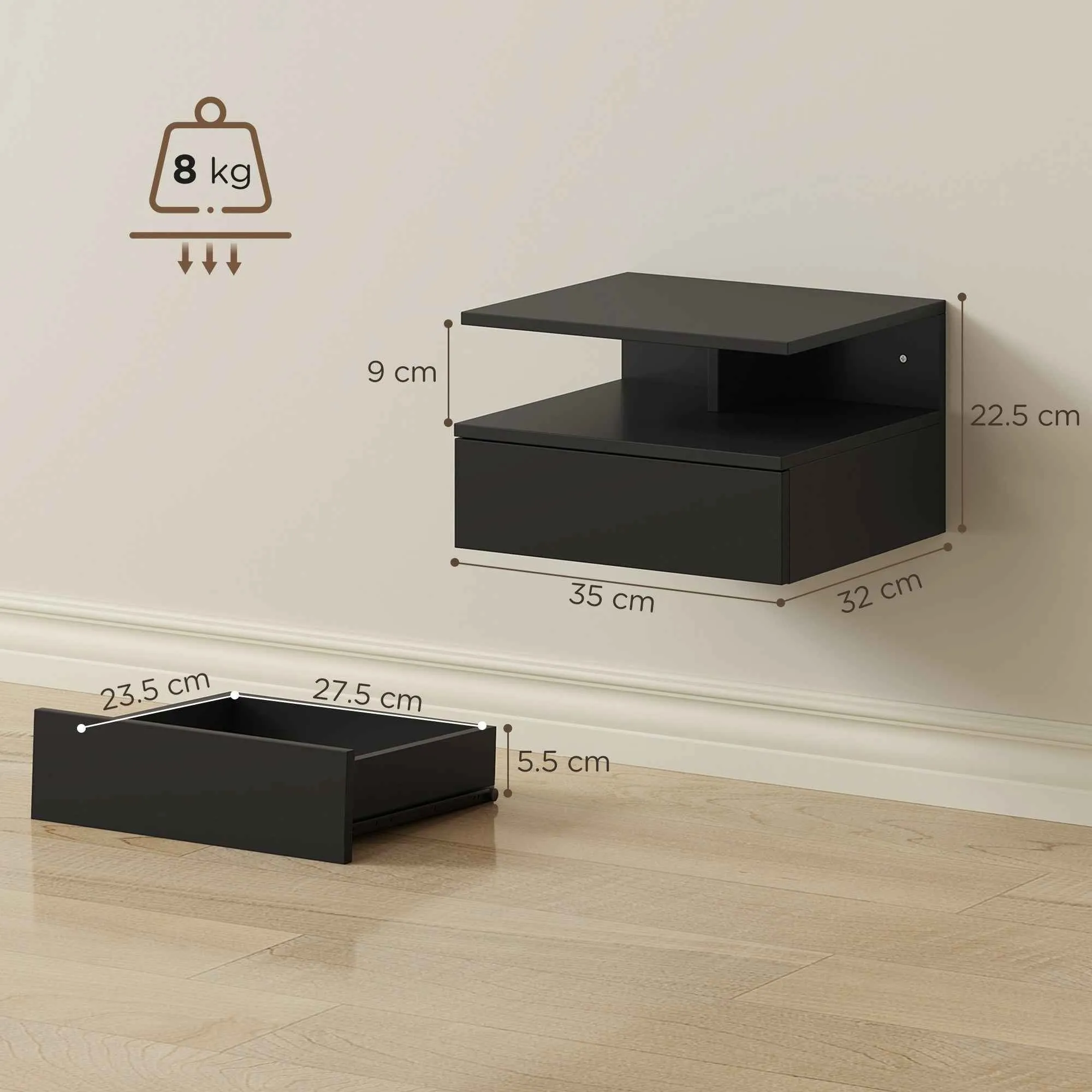 HOMCOM Set of 2 Floating Nightstands with Drawer and Open Shelf, 35x32x22.5 cm, Black - Image 3