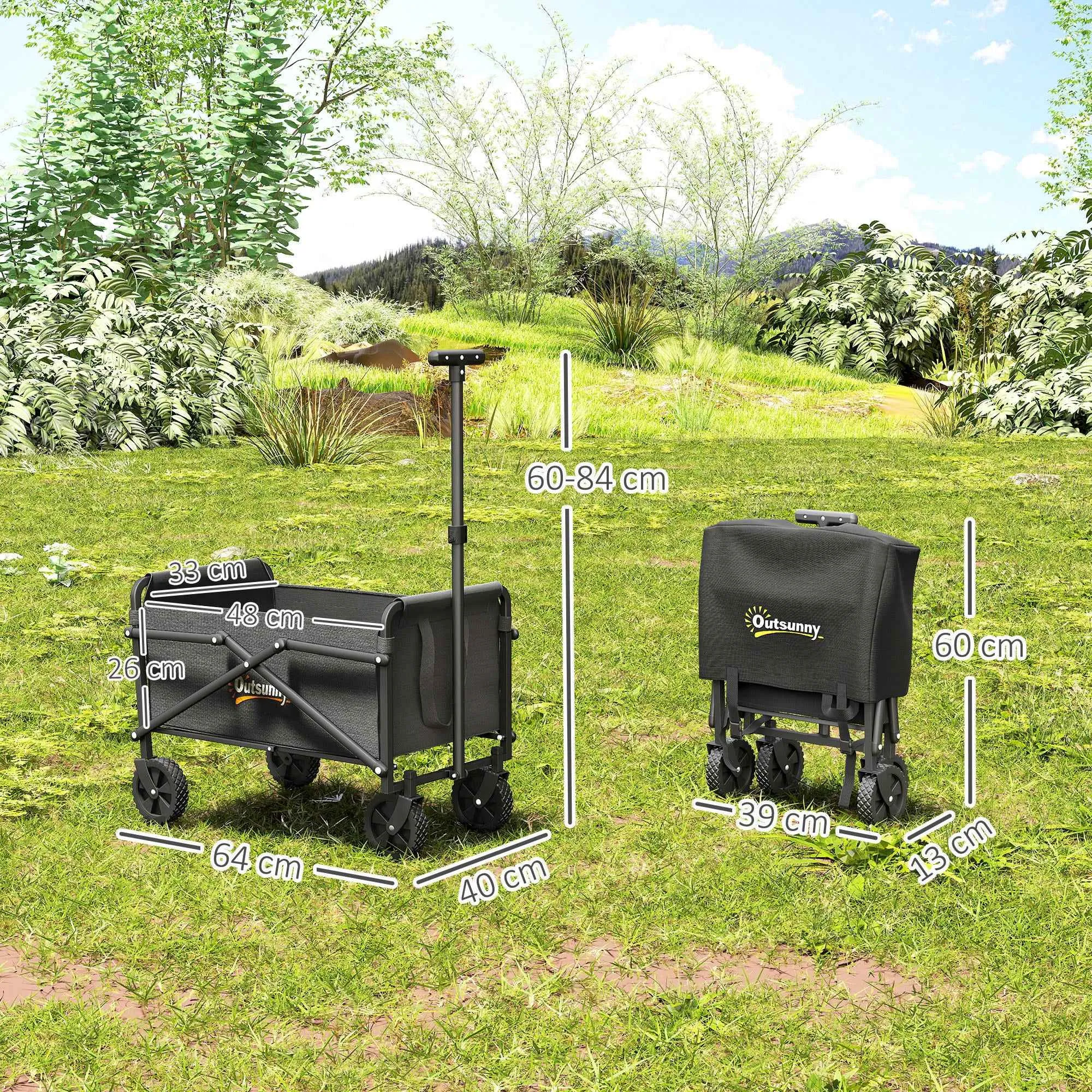 Outsunny 41L Folding Garden Cart with 4 Wheels, Metal and Oxford Fabric Camping Cart with Carry Bag and Adjustable Swivel Handle, Black - Image 3