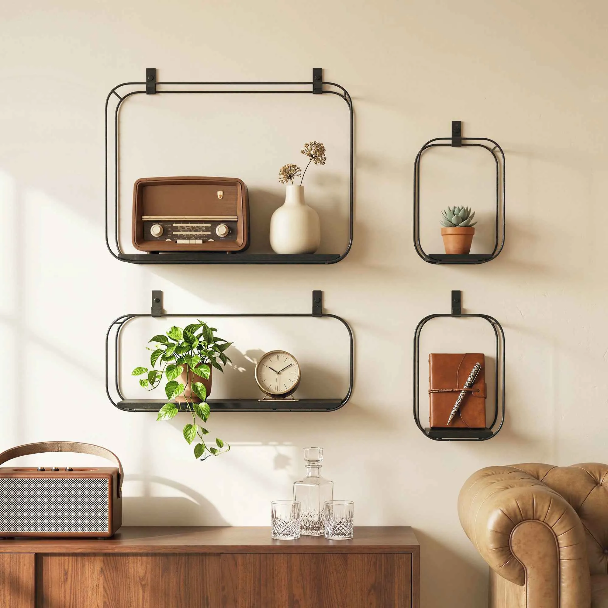 HOMCOM Geometric Floating Shelves for Living Room, Set of 4, Black - Image 2