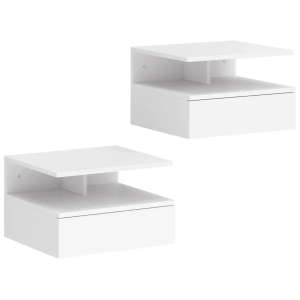 HOMCOM Set of 2 Floating Bedside Tables with Drawer and Open Shelf, 35x32x22.5 cm, White