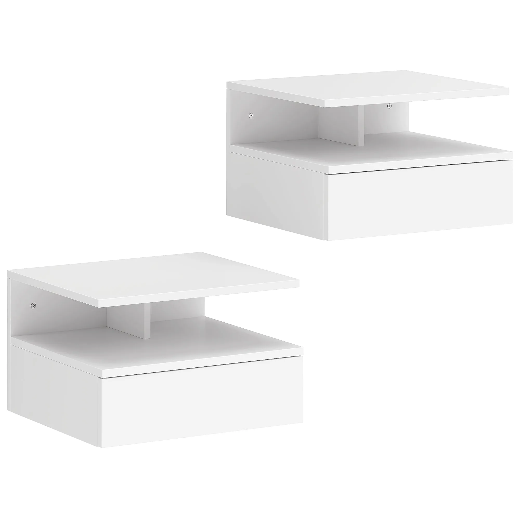 HOMCOM Set of 2 Floating Bedside Tables with Drawer and Open Shelf, 35x32x22.5 cm, White