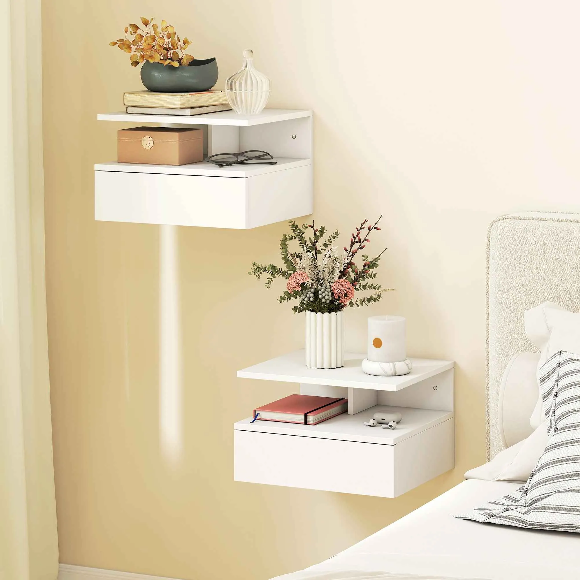 HOMCOM Set of 2 Floating Bedside Tables with Drawer and Open Shelf, 35x32x22.5 cm, White - Image 2