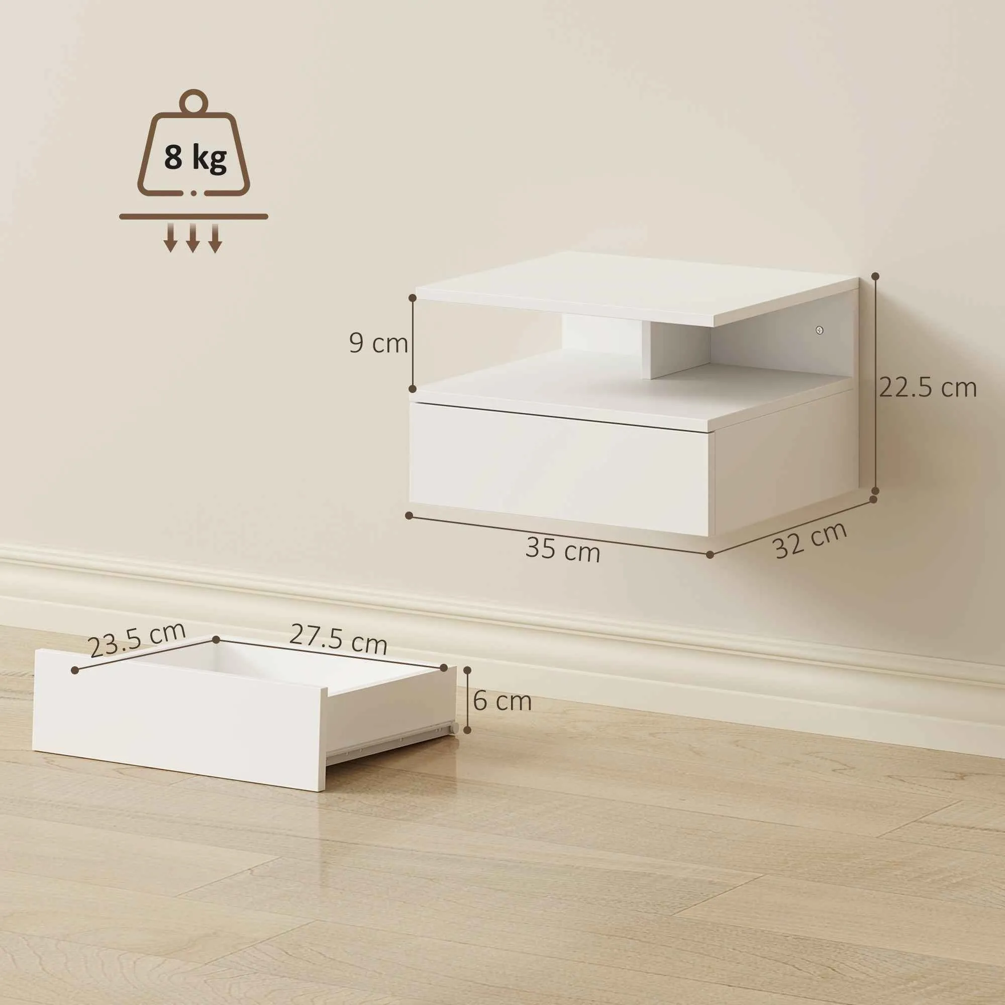 HOMCOM Set of 2 Floating Bedside Tables with Drawer and Open Shelf, 35x32x22.5 cm, White - Image 3
